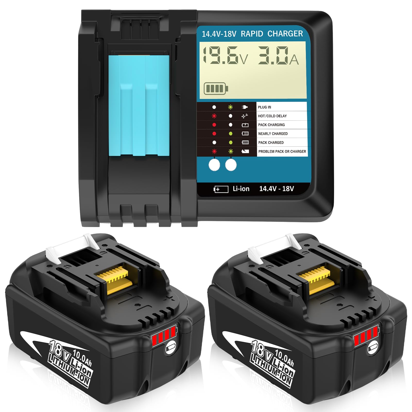 Replacement for Makita 18V Batteries, 2 Pack 10000mAh Replacement Battery + 1x DC18RF Charger, BL1860 BL1860B BL1850 BL1850B, Compatible with LXT400 Cordless Tools DC18RA DC18RD, with LED Indicator