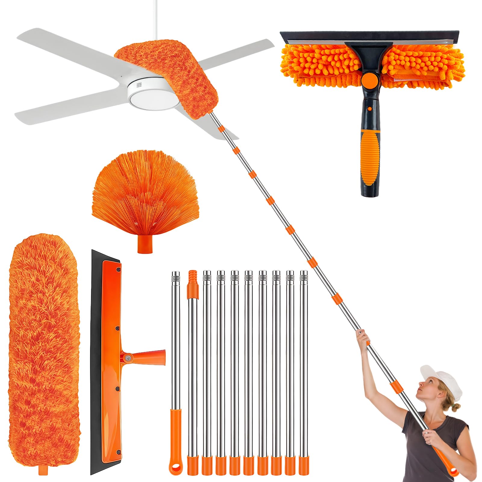 Ściereczka do kurzu, drążek teleskopowy, 4,3 m, szczotka do pajęczyn z drążkiem teleskopowym, długo wysuwany, od 43 cm do 430 cm, ściągaczka do kurzu i ściągaczka do okien 2 w 1, do użytku pod kanapą