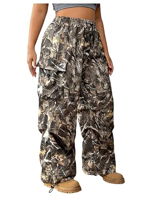 Womens Plus Size Graphic Camo Cargo Pants Wide Leg Elastic High Waisted Outdoor Trousers with Pocket