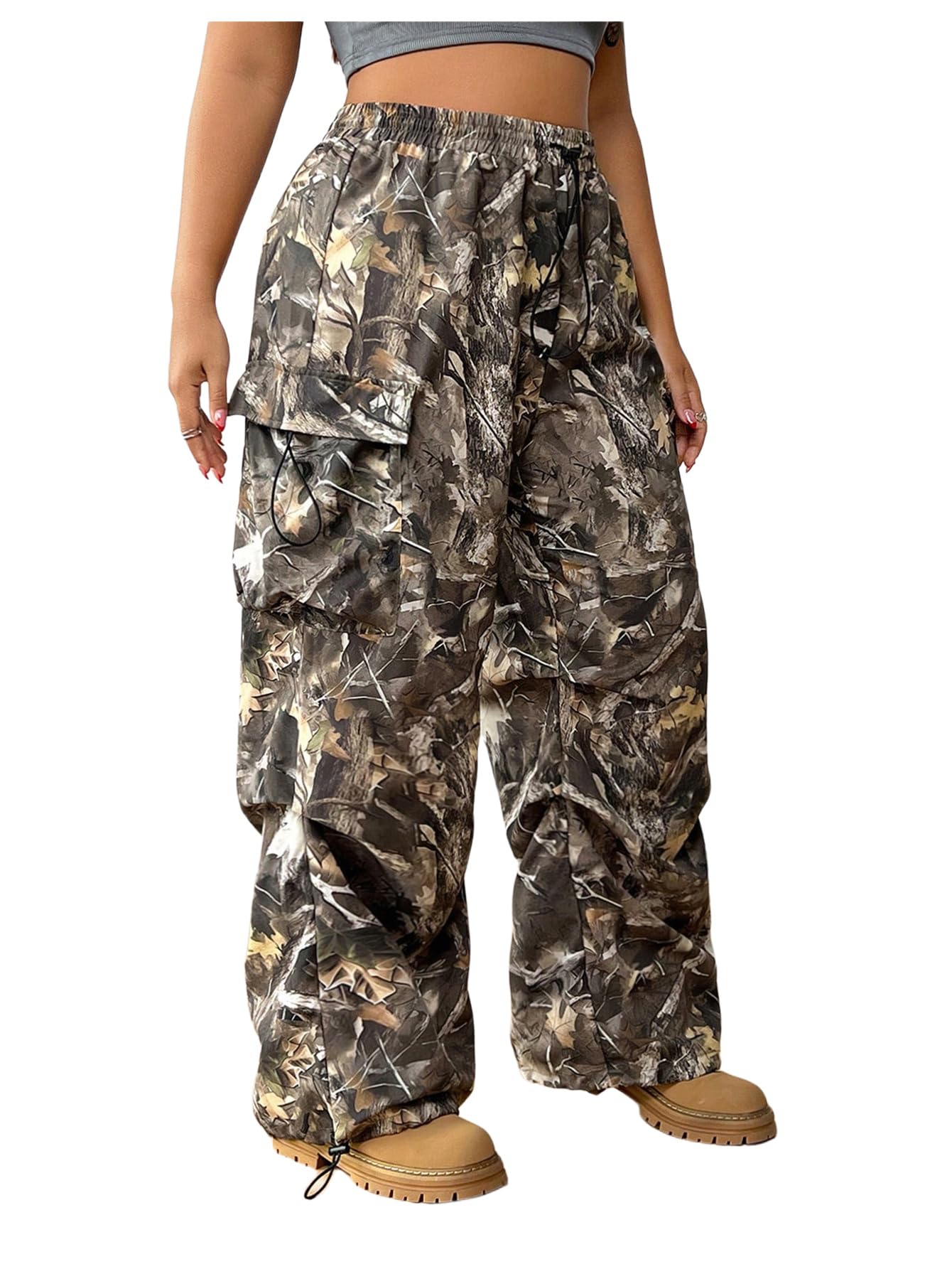 Womens Plus Size Graphic Camo Cargo Pants Wide Leg Elastic High Waisted Outdoor Trousers with Pocket