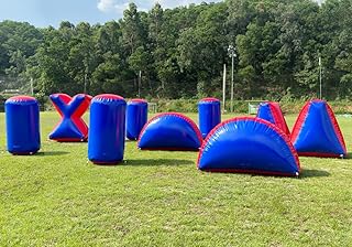 Inflatable Air Archery Bunker Set with Pump for Paintball, Airsoft, Archery Tag, Laser Tag, Soft Foam Dart Toy Rifle, Water Gun (9 Pieces Blue and Red)