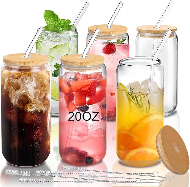20oz Gobelets en verre avec Lids et Paille Ensemble de 6 – Grande tasse à café glacé pour les couples, les familles ou les amis – Boisson réutilisable pour brunch, collectes à domicile et cadeaux de vacances