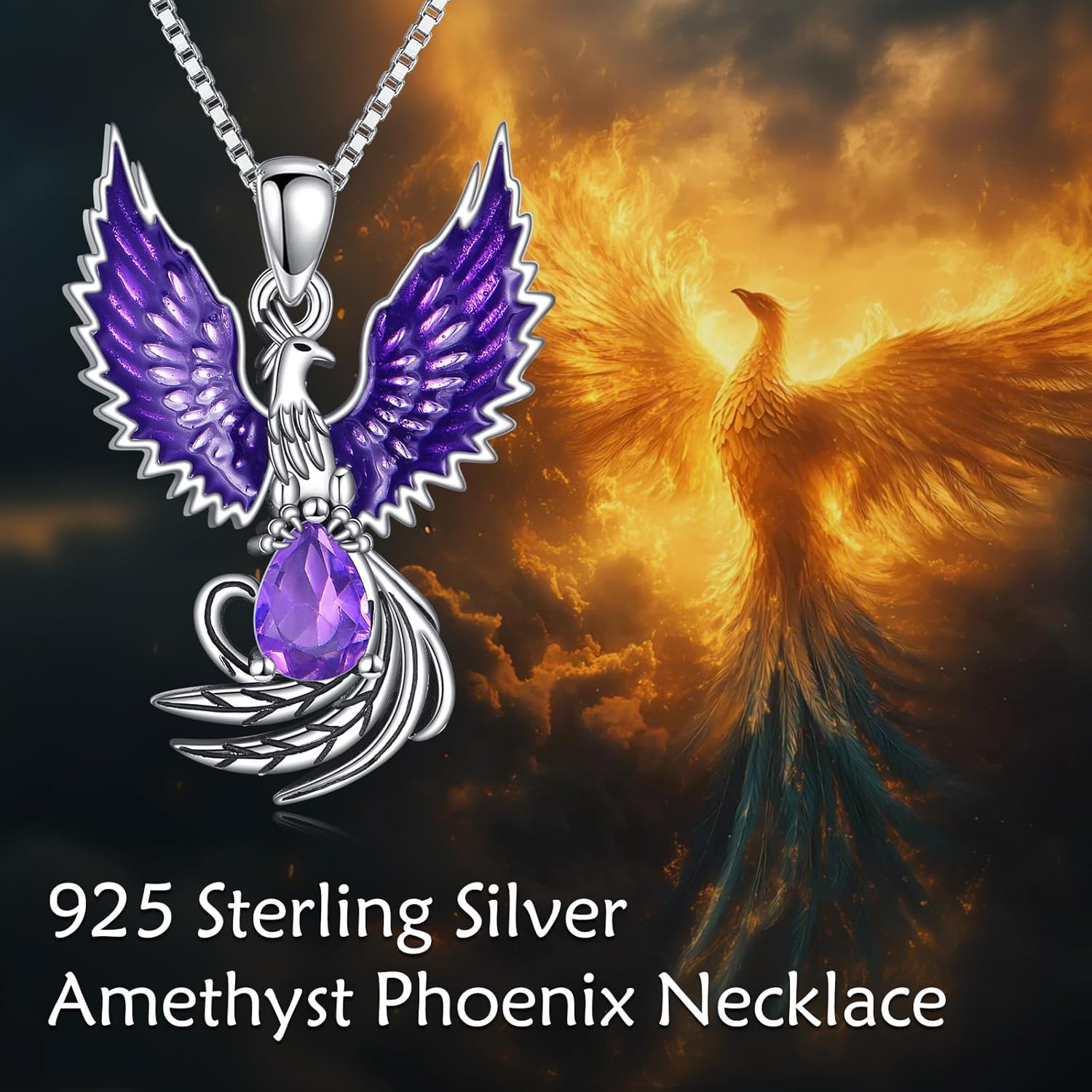 Teardrop-Shaped Amethyst Phoenix Pendant Necklace Sterling Silver, Unique Christmas or birthday Gifts for Women - Image 7