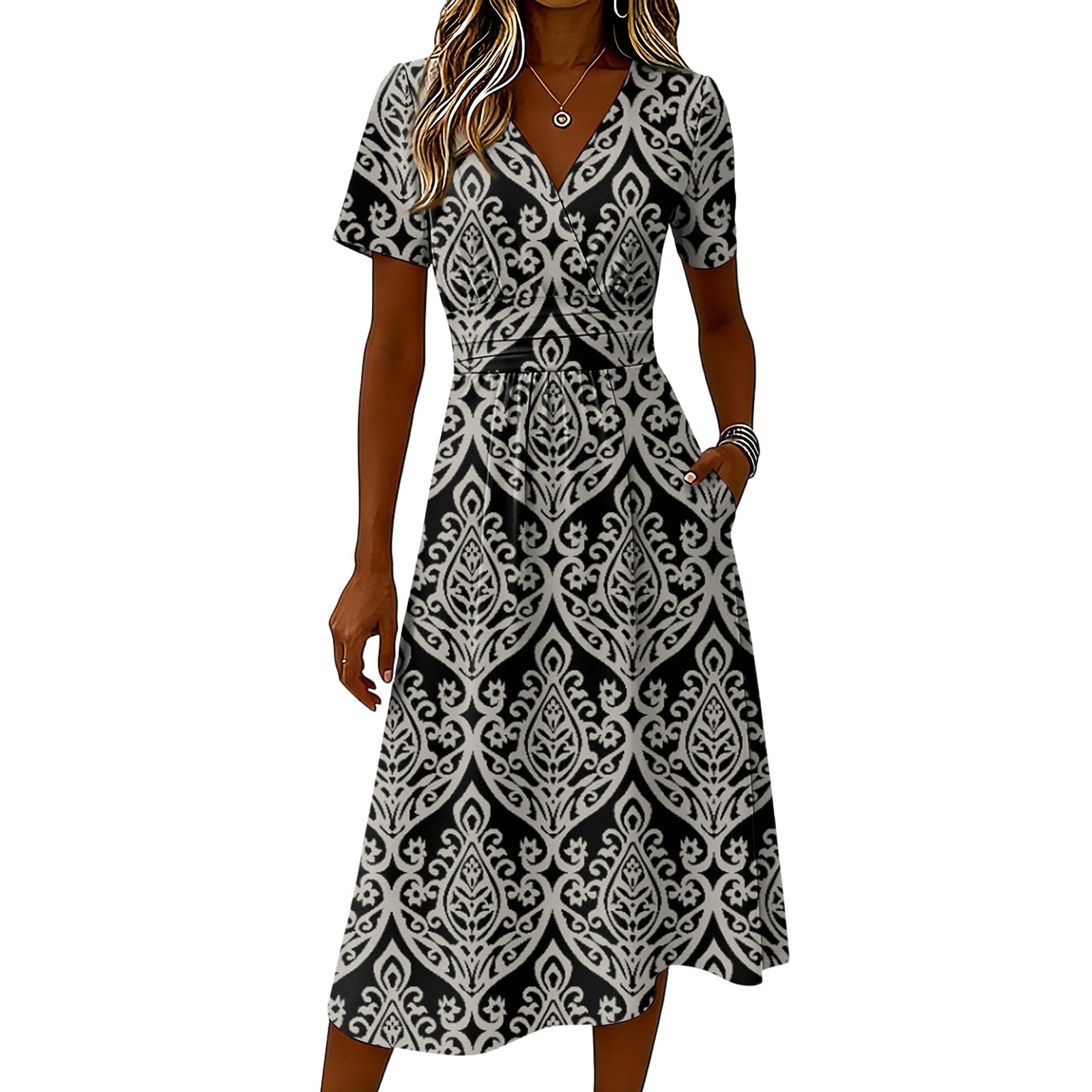 Robe Medievale Femme, Soiree Robes Midi Élégante À Imprimé Floral Col en V Manches Courtes Coupe Trapèze Fluide Idéale pour L'Été La Plage Ou Les Soirées Jeans Femmes