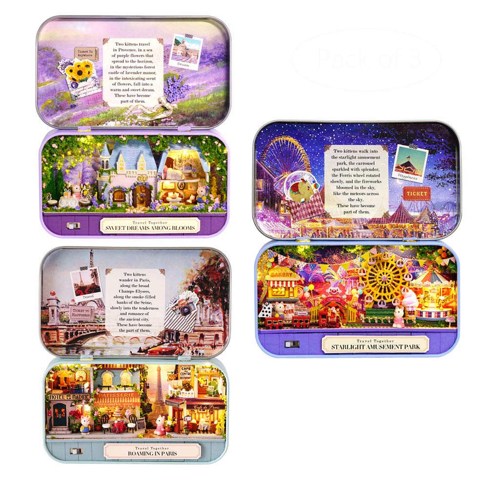 MAGQOO 3D Wooden Dollhouse Miniature DIY Doll House Kit with Furniture,1:100 DIY Box Theater Kit(Pack of 3)