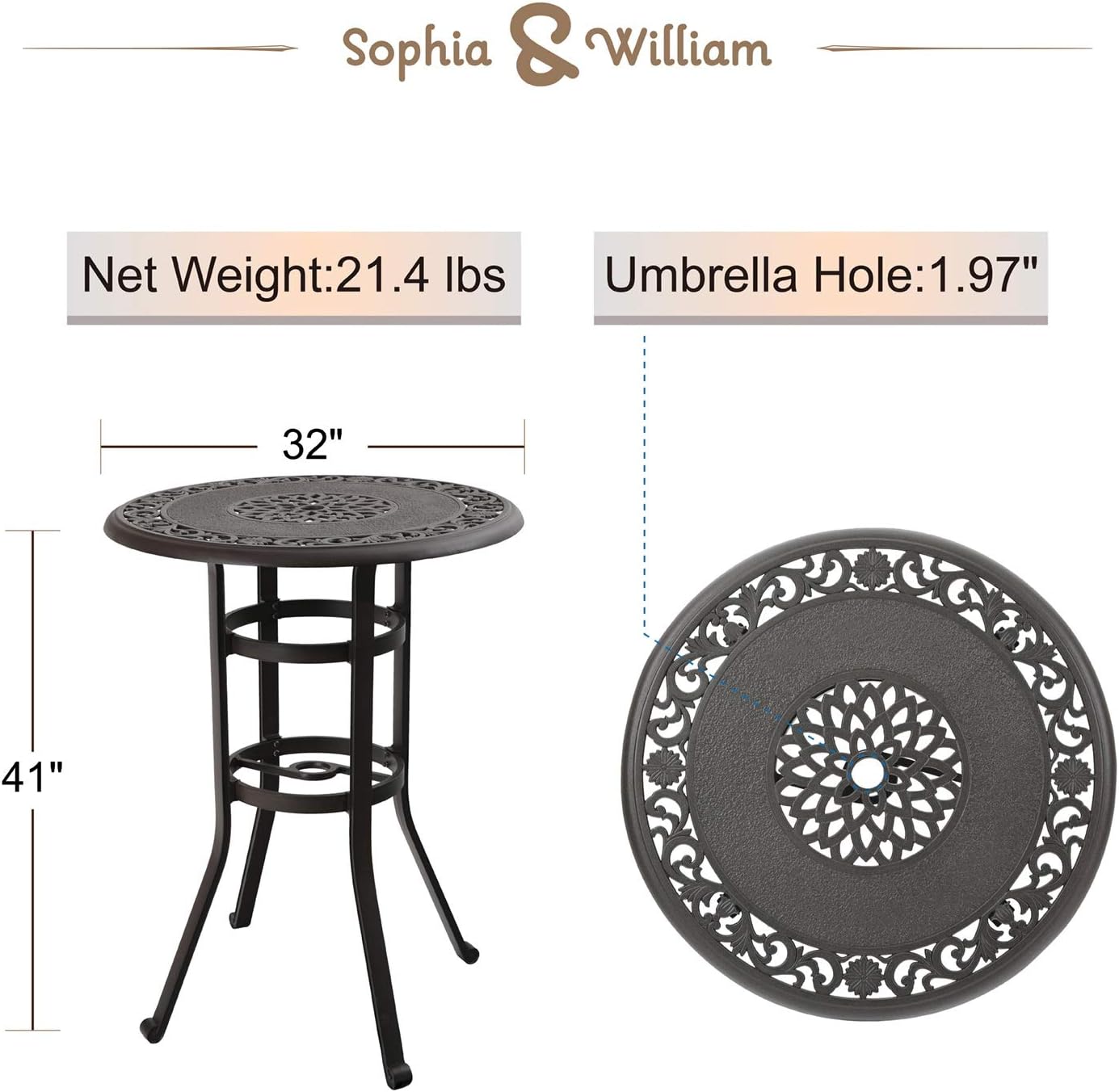 Sophia & William Cast Aluminium Patio Bar Height Table Round with 1.97" Umbrella Hole, Premium Bronze Outdoor Tall Pub Height Bistro Table for Porch Balcony Backyard, 32" Dia x 41" H