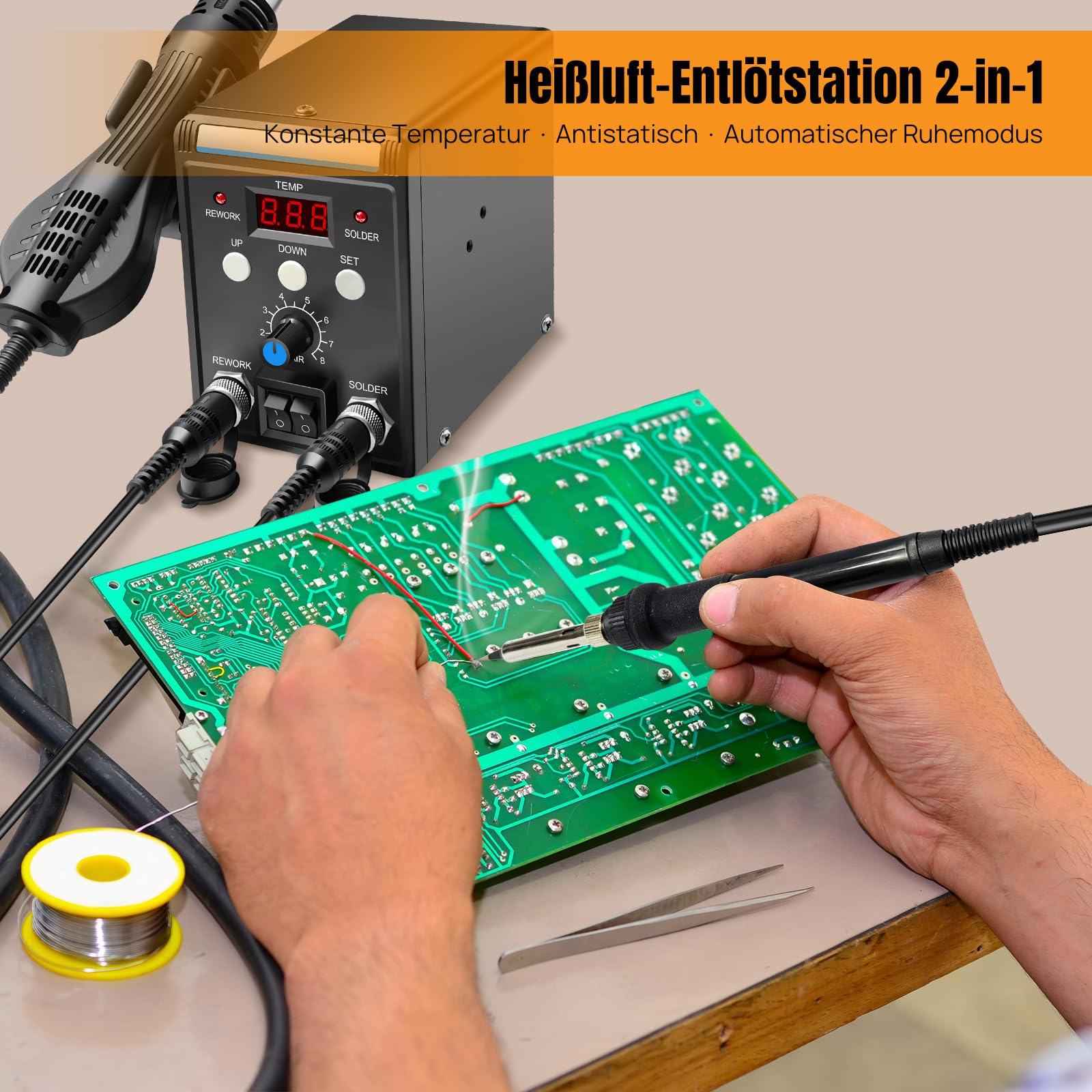 Stazione di saldatura ad aria calda 2 in 1 con display digitale da 700 W – Temperatura regolabile 100 – 500 °C per riparazione elettronica, circuiti stampati e SMD