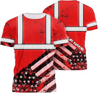 HiVis Custom Red US Flag Paint Safety Hi Vis Workwear Customize Name High Visibility Shirt for Men Reflective Shirt Construction Workwear for Runners, Walkers, Trucker, Operator, Patriotic-2XL