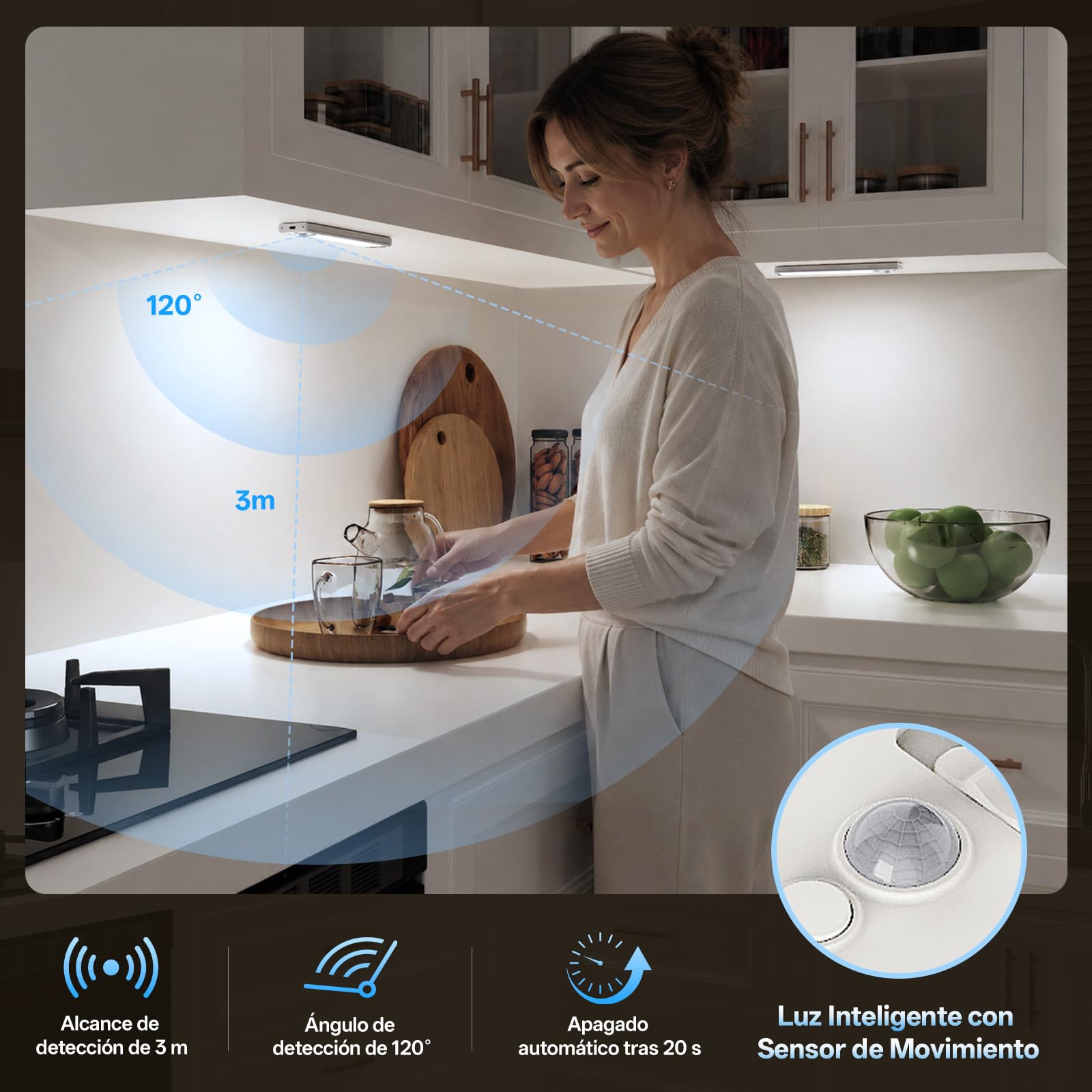 Luz Led con Sensor de Movimiento, Luces Blanco Frío 6500 K,6 piezas