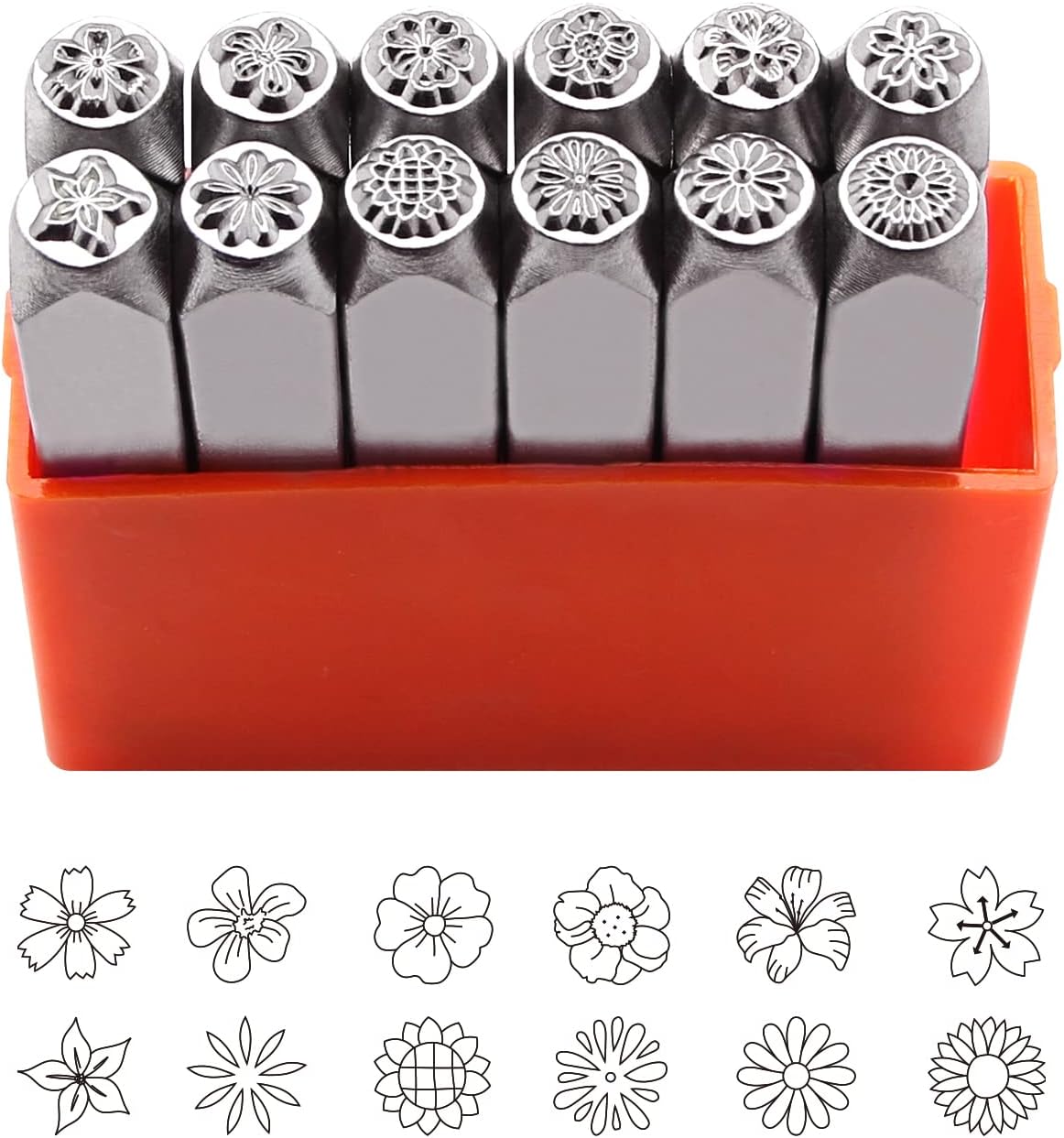 12pcs Flower Theme Metal Stamps, 6MM (1/4”) Metal Stamping Tools DIY Arts and Crafts Supplies Stamping Accessories, Leather & Wood Stamps