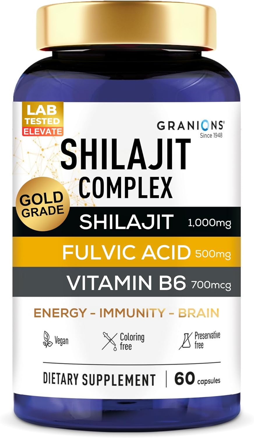 Granions Pure Shilajit for Men Capsules - Fulvic Acid Supplement, 1,000mg Himalayan Shilajit with Vitamin B6 - Ultra Energy, Vitality & Brain Support for Men and Women Supplements - 60 Capsules