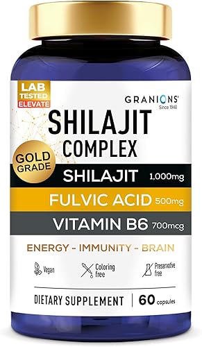 Granions Pure Shilajit - Cápsulas para hombres  Suplemento Shilajit del Himalaya de 1,000 mg con ácido fúlvico y vitamina B6  Suplementos de ultra