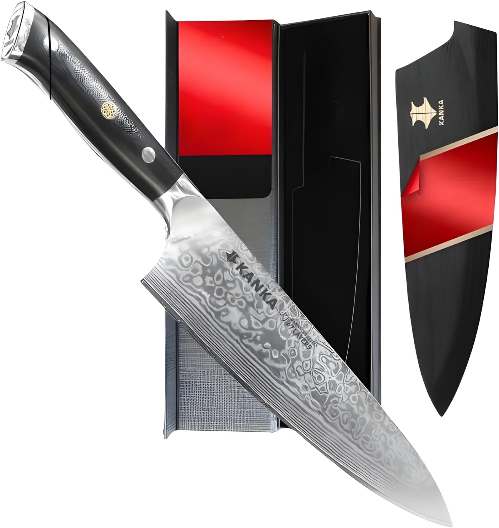 Kanka 10-inch 67 Layers Damascus Steel Profesional Chef Knife - Extra Long, G10 Black Fiberglass Handle, Razor Sharp Knife. Wood Sheath Included.