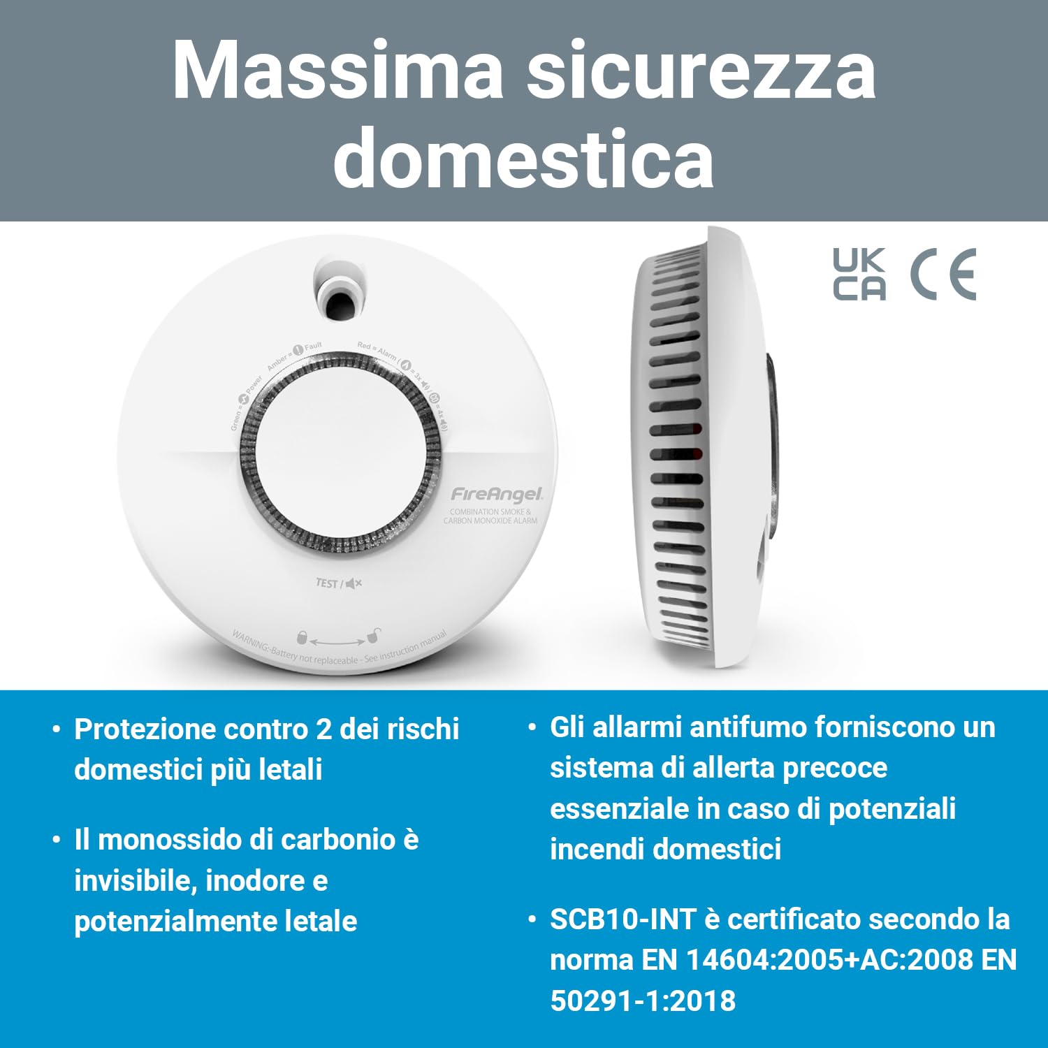 FireAngel Rilevatore Fumo e Monossido di Carbonio Combinato - SCB10-INT, Durata 10 Anni, Allarme Monossido e Sensore Fumo - Allarme Antincendio