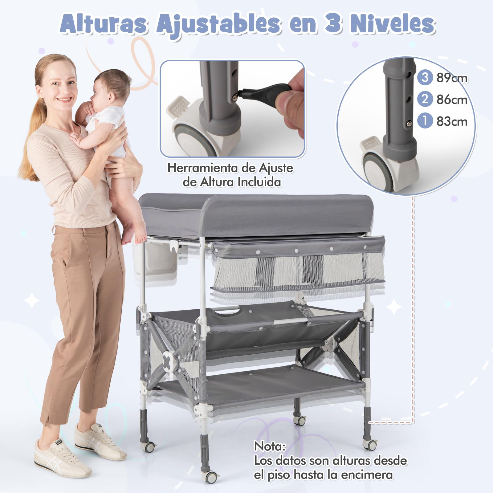 GOPLUS Cambiador Portátil para Bebés, Centro para Cuidado Infantil con Altura Ajustable, Cubierta Impermeable, Estantes y Papelera, Estación Plegable para Pañales con Ruedas (Gris)