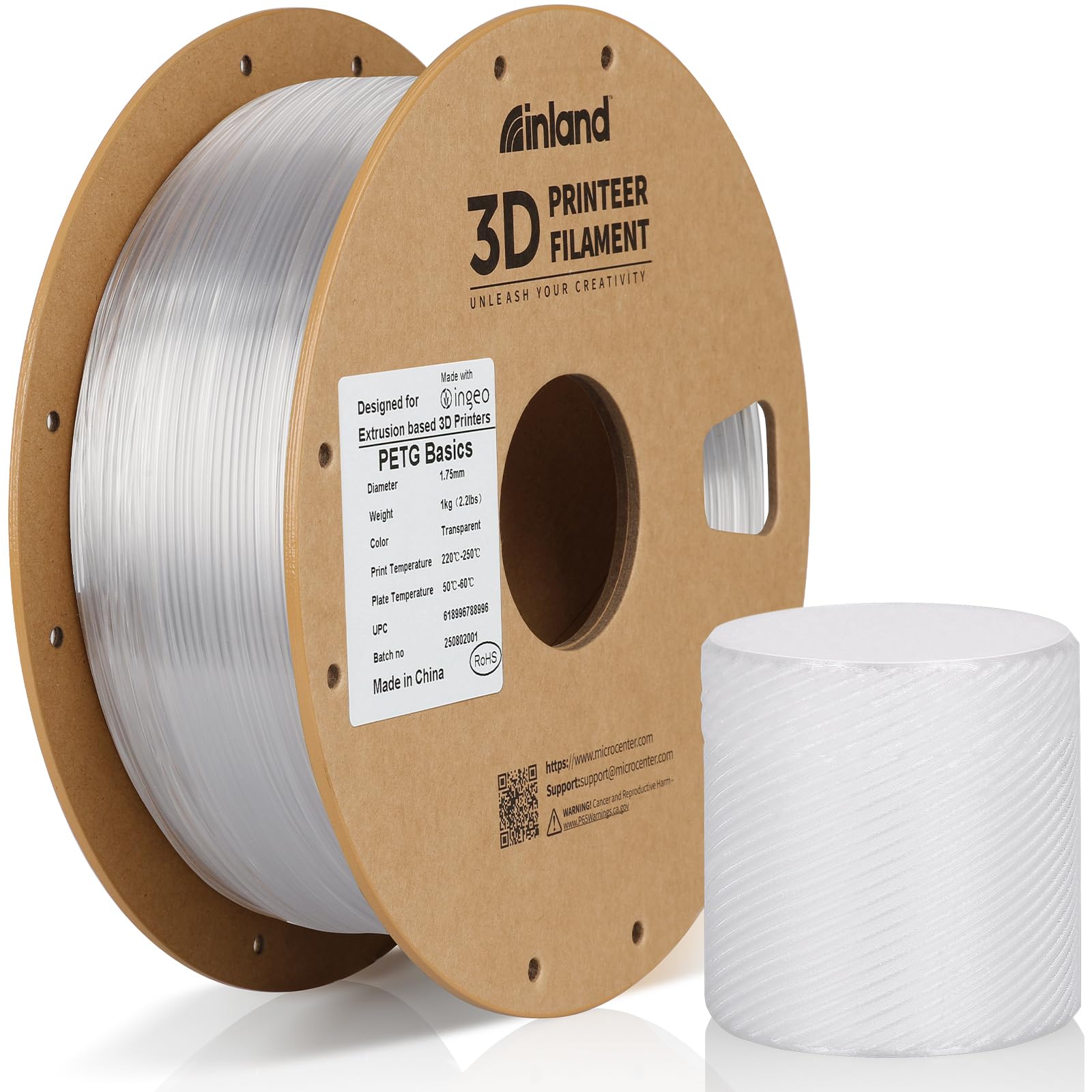 Micro Center PETG 3D Printer Filament 1.75mm - PET-G 3D Printing Filament - 1kg Cardboard Spool (2.2 lbs), Dimensional Accuracy +/- 0.03mm (1 Pack Basics, Transparent)