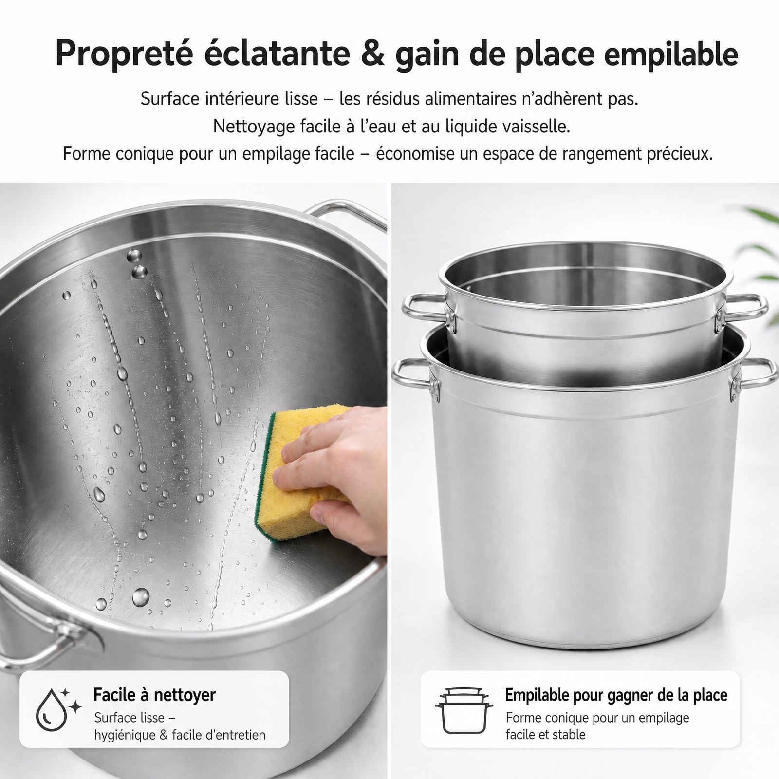 Grande casserole en acier inoxydable 98 L, avec poignées et couvercle d'évier, diamètre 51,5 cm, hauteur 50 cm, pour tous les types de cuisines et grandes cuisines