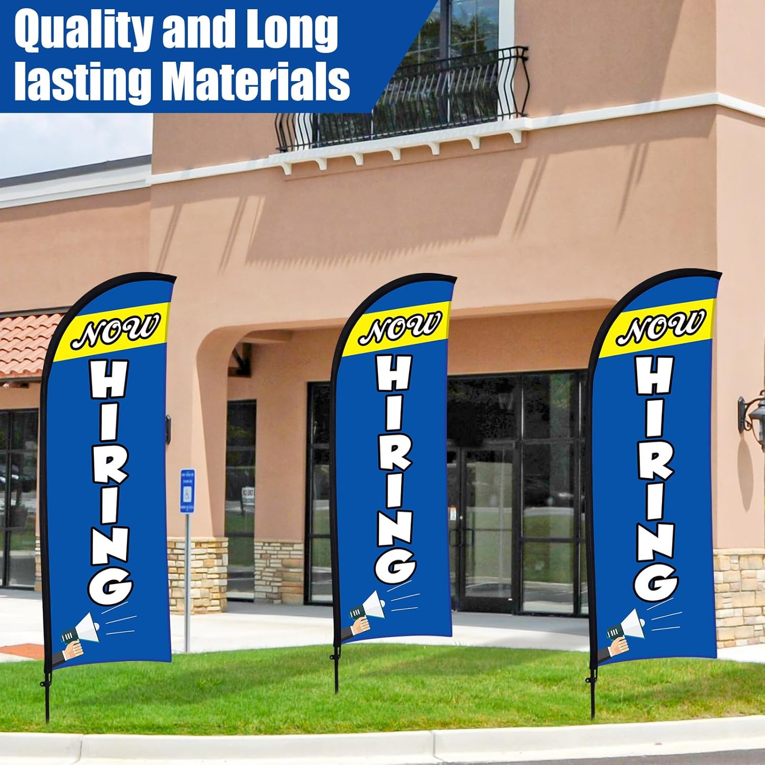 Buryeah 3 Set Now Hiring Feather Flag Kit 7 x 5.4 ft Now Hiring Advertising Banner Feather Flag with Pole Ground Spike and Portable Bag Now Hiring Sign for Estate Flags Business Promotion(Blue) - Image 3