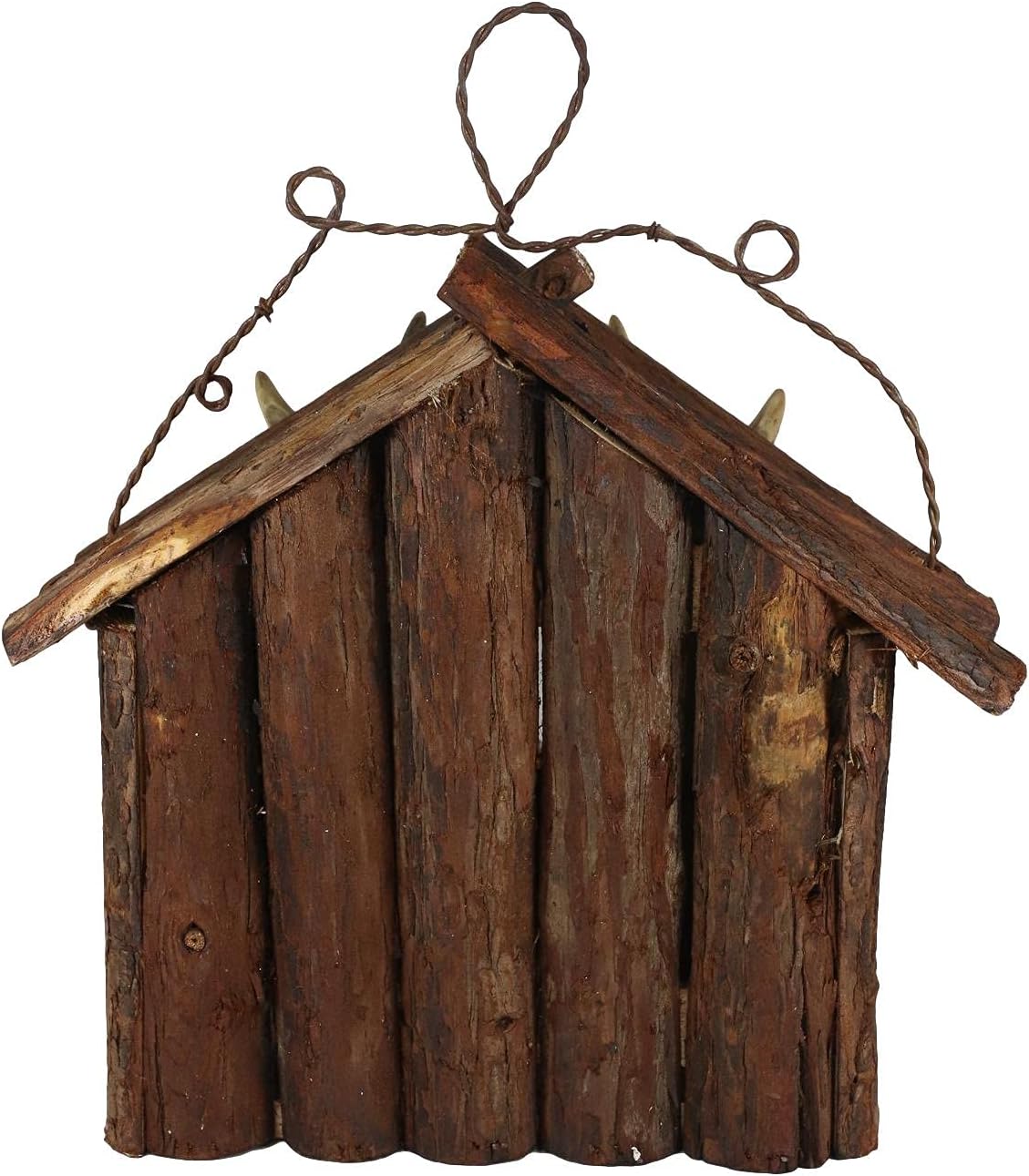 Ebros Wildlife Rustic Stag Antlers On Cabin Log House Birdhouse Bird Feeder Platform with Wire Hanger Cottage Cabin Lodge Decorative Figurine Patio Garden Tree Hanging Sculpture