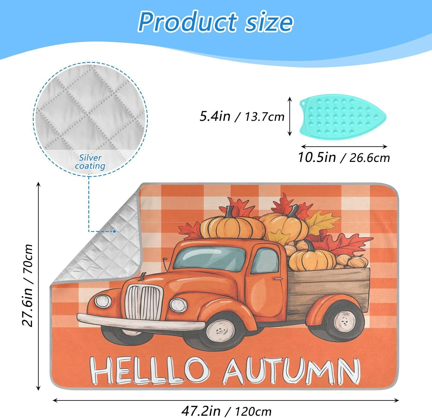 Autumn Truck Pumpkin Leaves Ironing Mat Portable Ironing Pad Blanket with Silicone Iron Rest for Table Top Travel Heat Resistant Double-Side Using Large 47x28 Inch Foldable