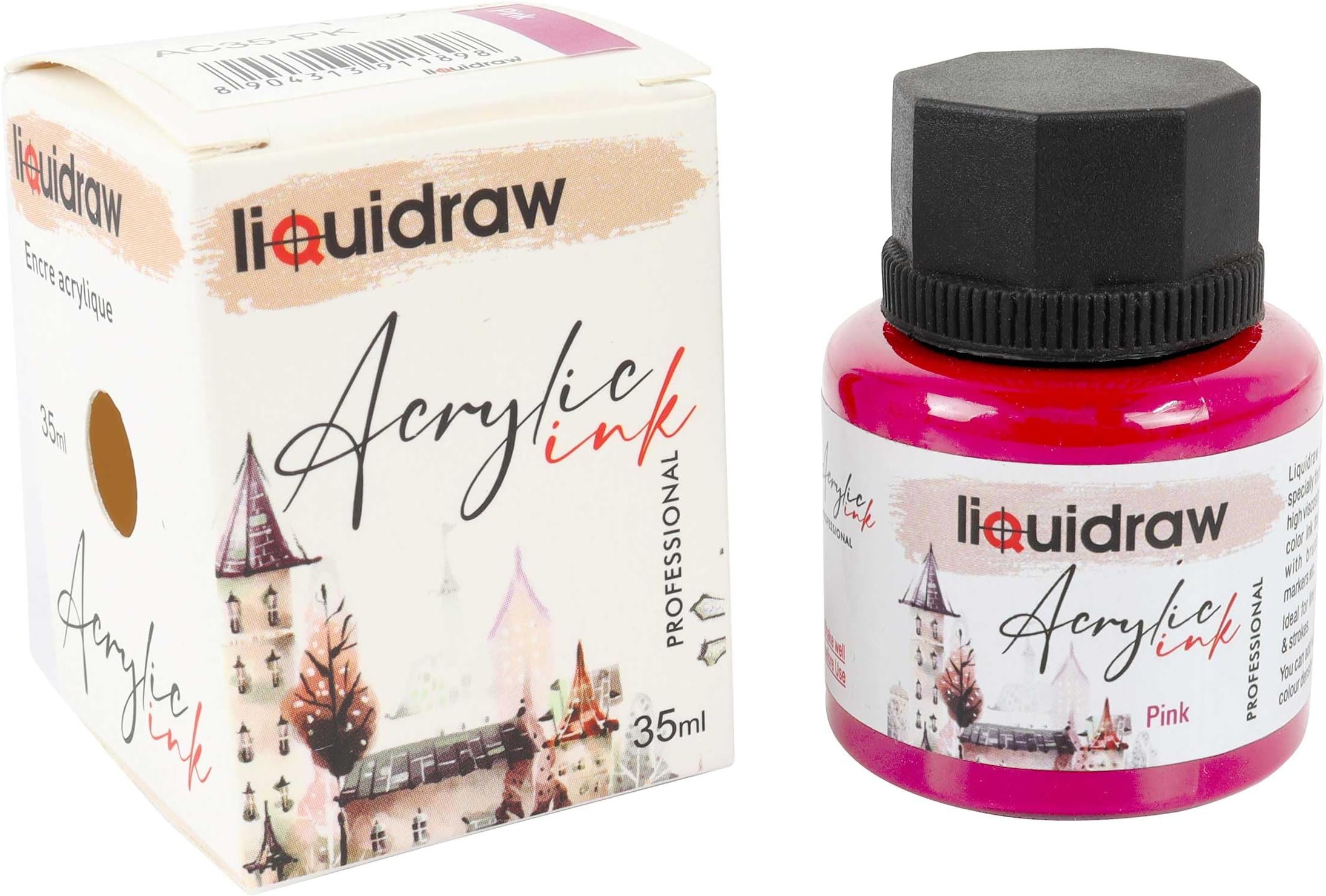 Liquidraw Acrylic Inks for Artists 20 Colours Black White Available Waterproof Ink 35ml Professional for Painting, Drawing, Paints, Art, Brushes, Paper, Board, Canvas, Fabric & Wood (Pink)