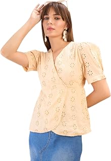 SASSAFRAS Beige Schiffli Wrap Peplum Top