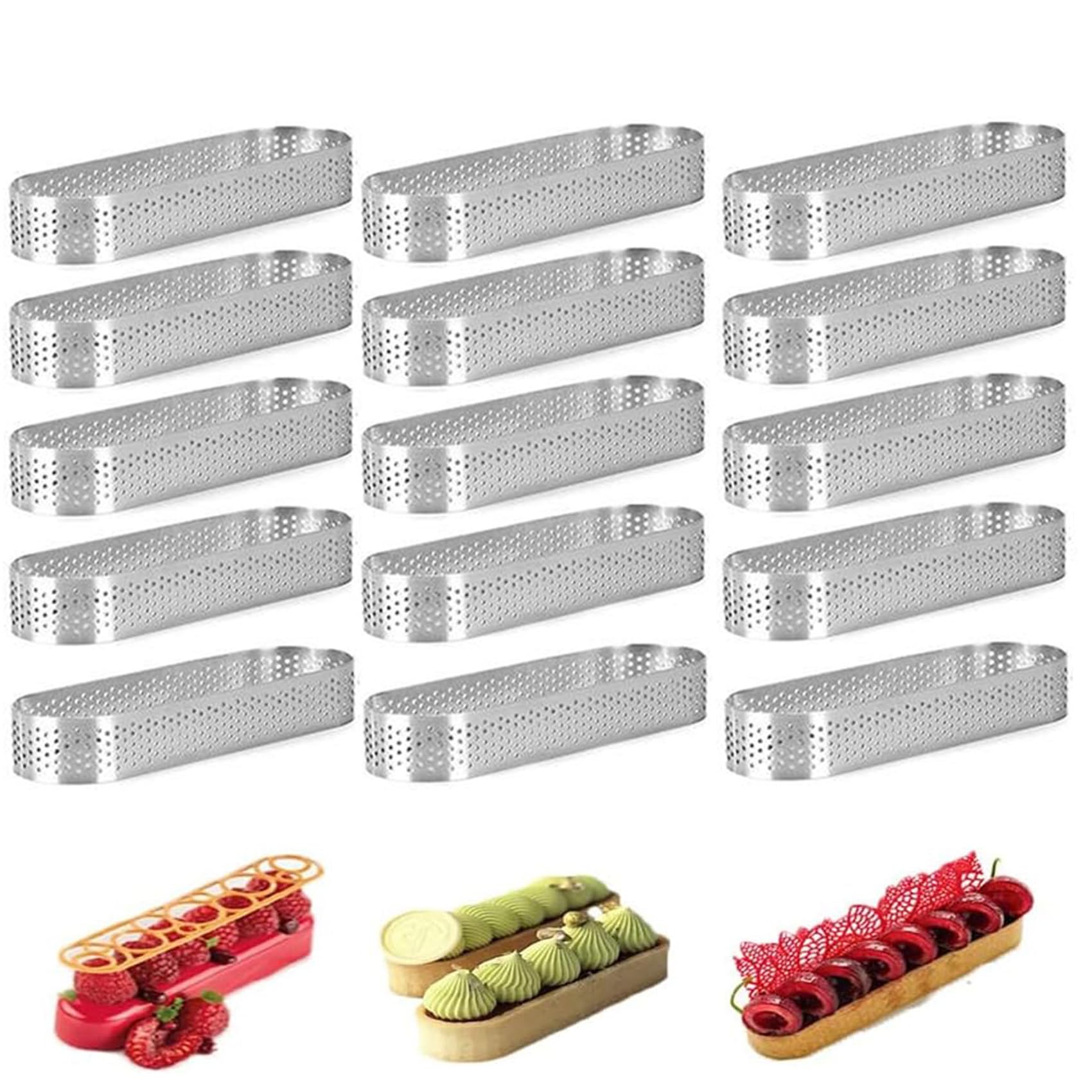 15 stampi per torta, ovali, forati, in acciaio, forma rotonda per torte, mousse, torte, quiche