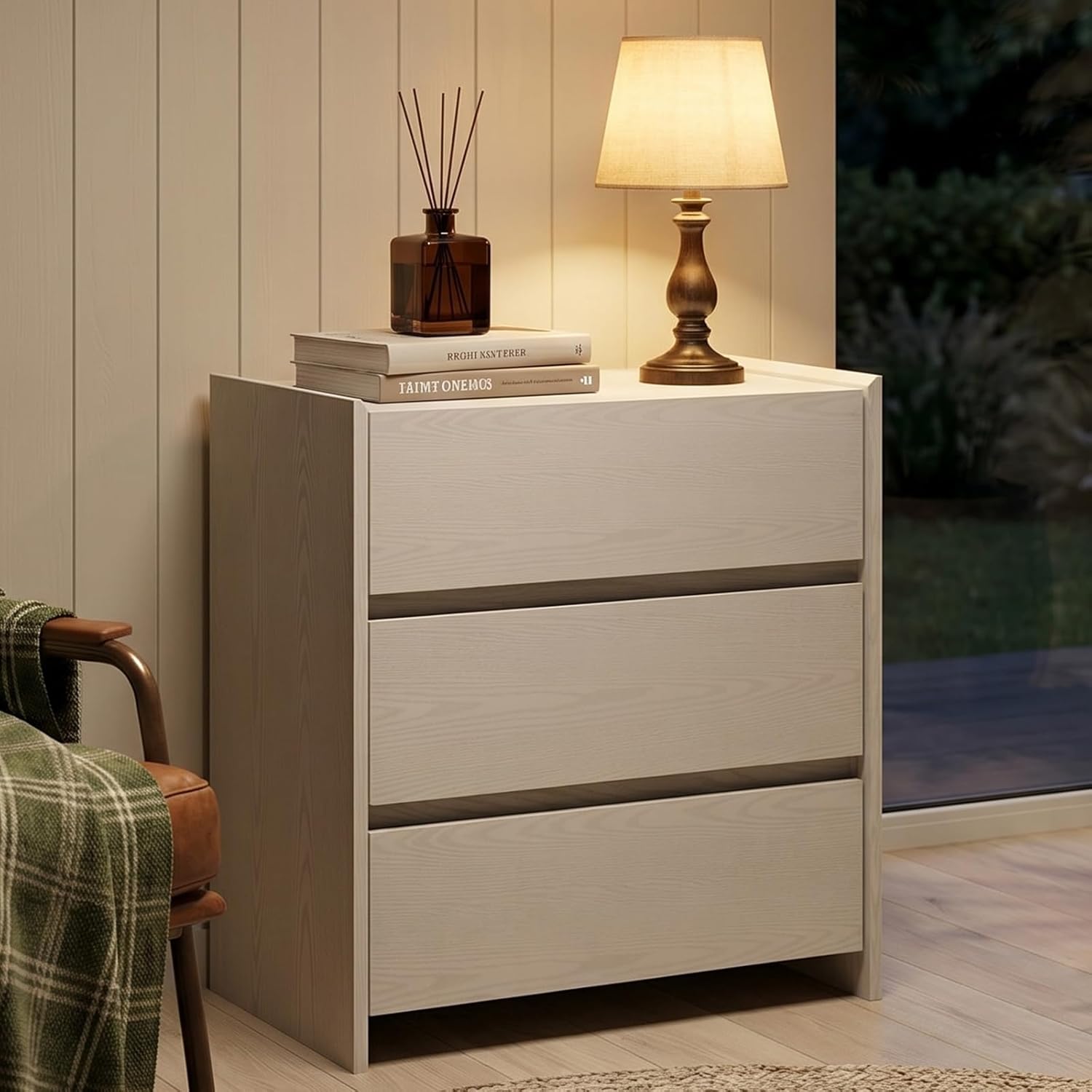 Nightstand with 3 Drawers, Bedside Table Night Stand with Spacious Storage Cabinet,Solid Wood Small Dresser for Bedroom Living, White, 23.6" W x 15.6" D x 25.2"