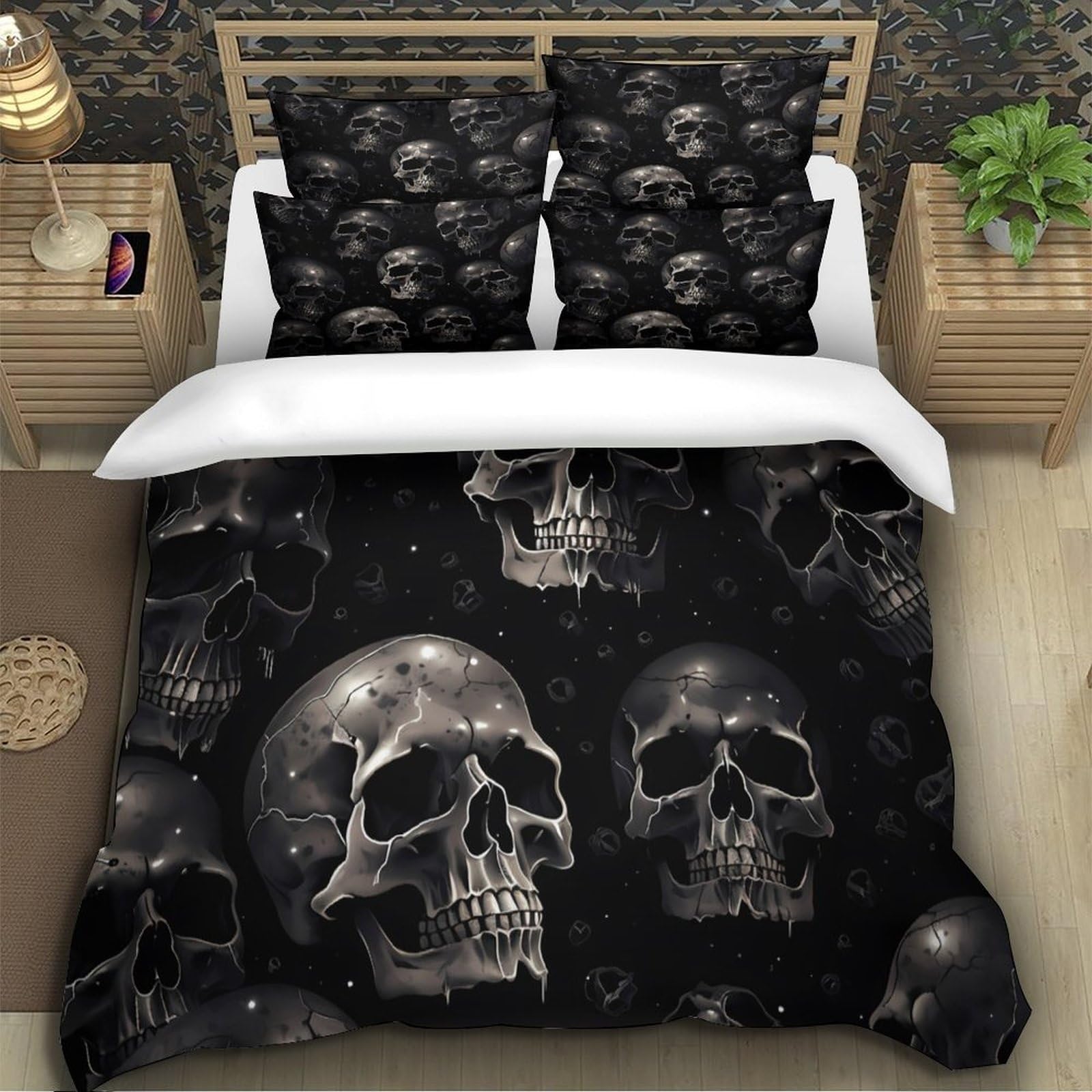 Gothic skullSet Di Copripiumino morbida Set di 3 Pezzi stampa 3D con cerniera Dark horror pattern copripiumino con federa traspirante ultra morbido e traspirante for bambini Super king（260x220cm）