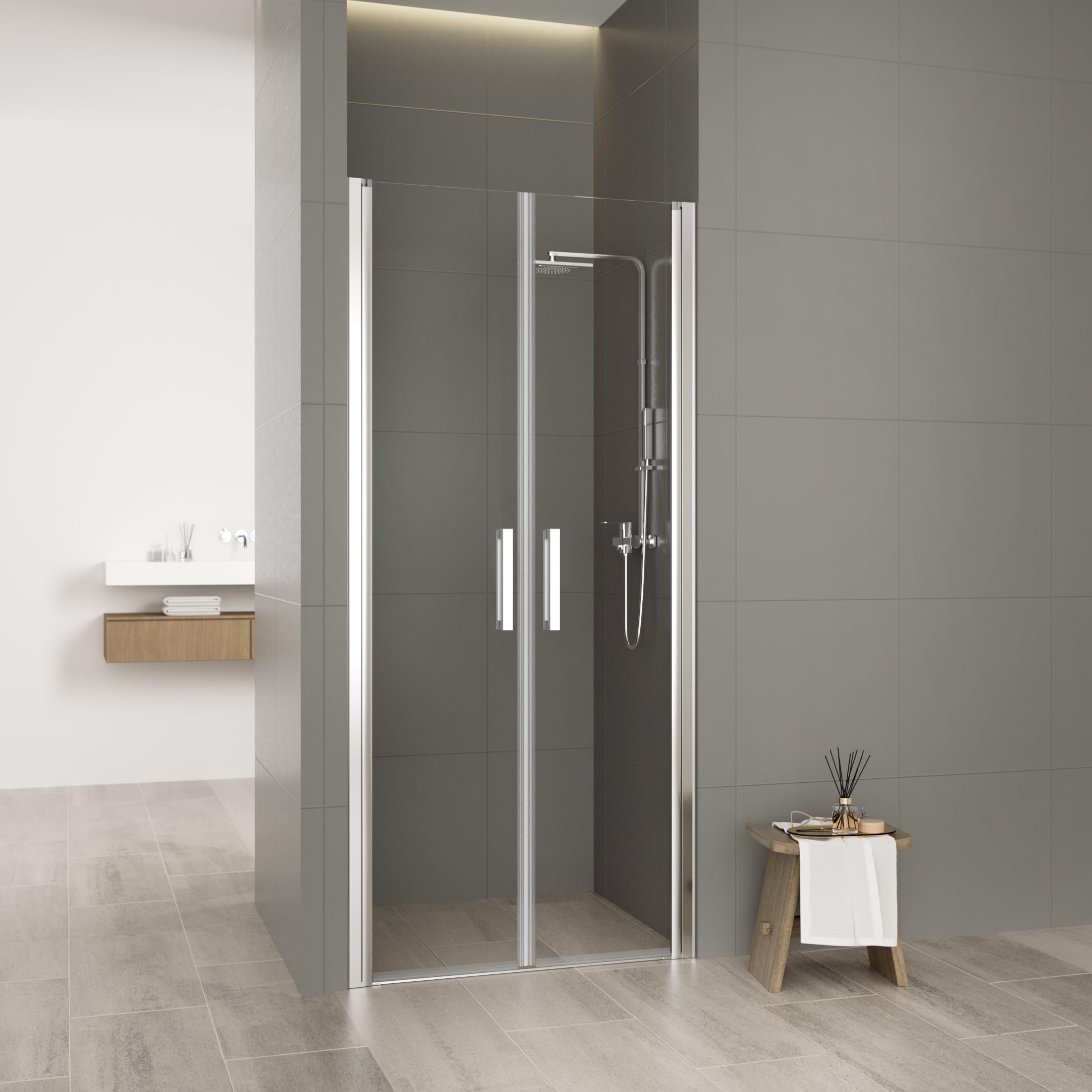 Box Doccia Saloon Doppia battente per nicchia trasparente 6mm in cristallo temperato porta con maniglie e profili cromati reversibile h195 (Trasparente, 70cm)