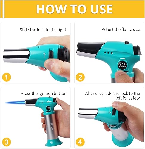 Vista 28 de TBTEEK Antorcha de butano, soplete de cocina con bloqueo de seguridad y llama ajustable para cocinar, barbacoa, hornear, brulee, crema, soldadura