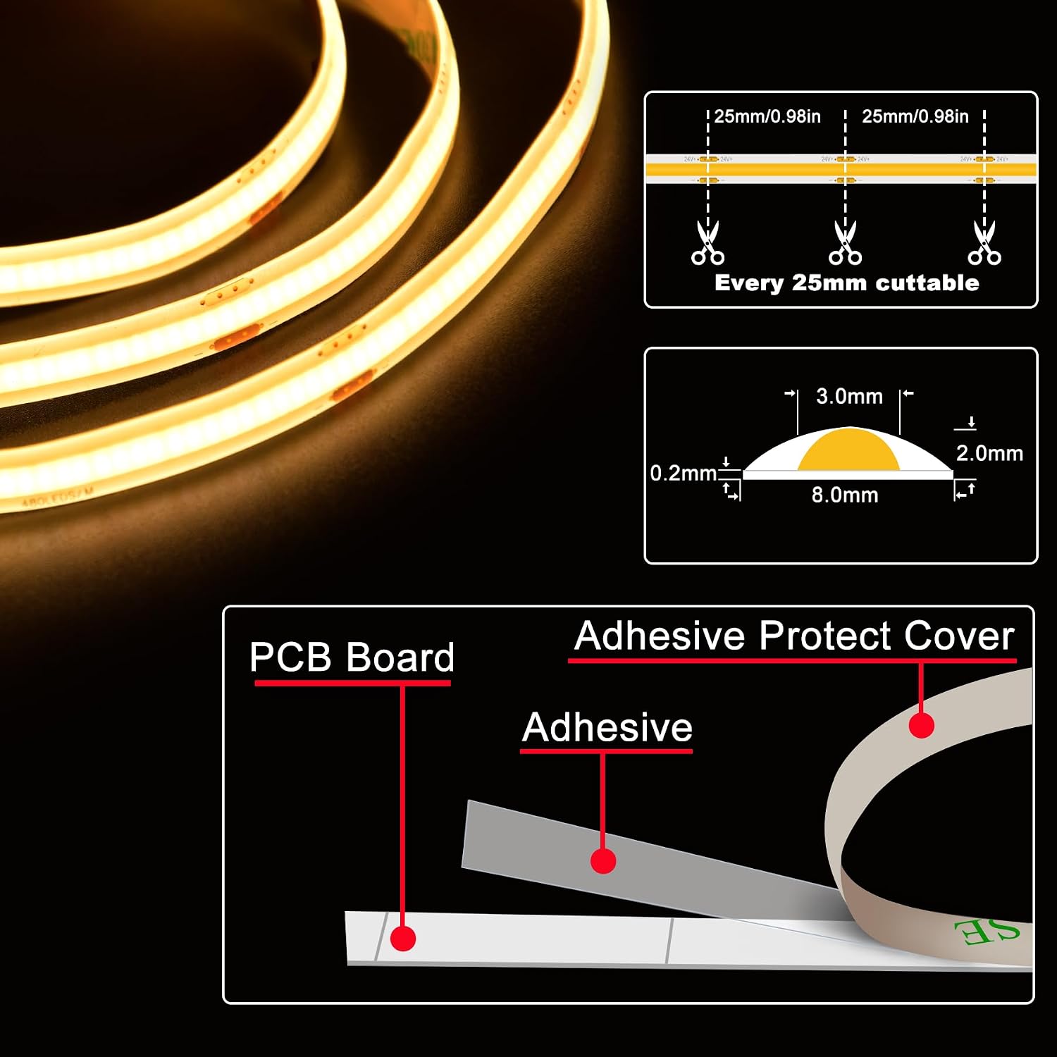 Pandery led Strip Lights Waterproof,DC24V Strip Lights IP65,3000K Warm White,320LEDs/M,8MM Wide,16.4ft/5M,CRI90+,Outdoor led Strips for Bathroom Decor,Pool,Aquariums(Not Included Power) image 3