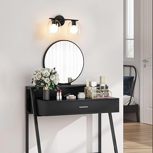 Miniatura 2 de WOSHITU Accesorios de iluminación de tocador de baño 14.2 pulgadas modernos accesorios de iluminación de tocador negro sobre espejo con pantalla de