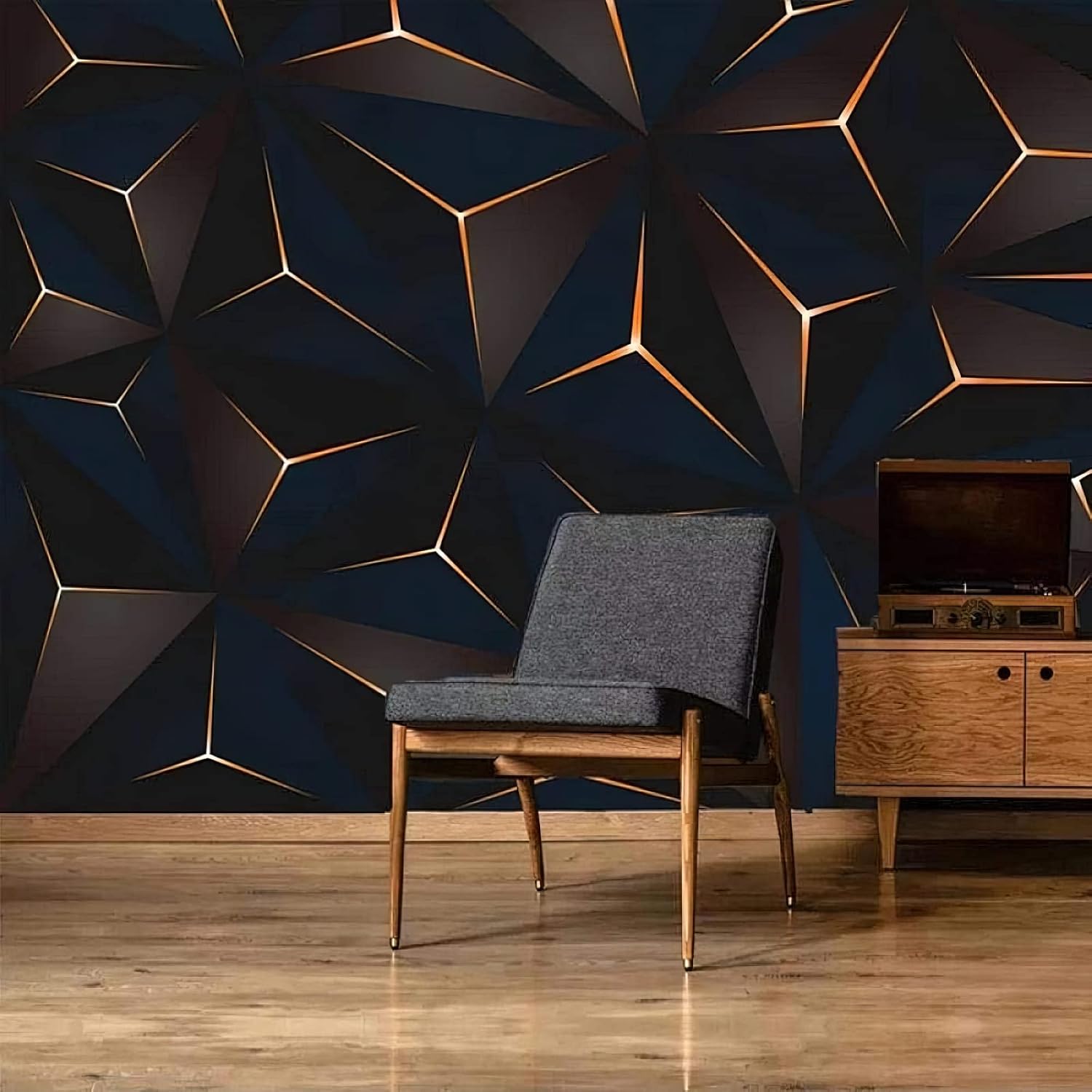 LUVISS Abstract Black & Gold Geometry 3D Mural Wallpaper, Luxury Geometry Photo Wall Mural, 10 Sheets, Silk Material, Satin Surface, 196.85"x124.8" (W x H)