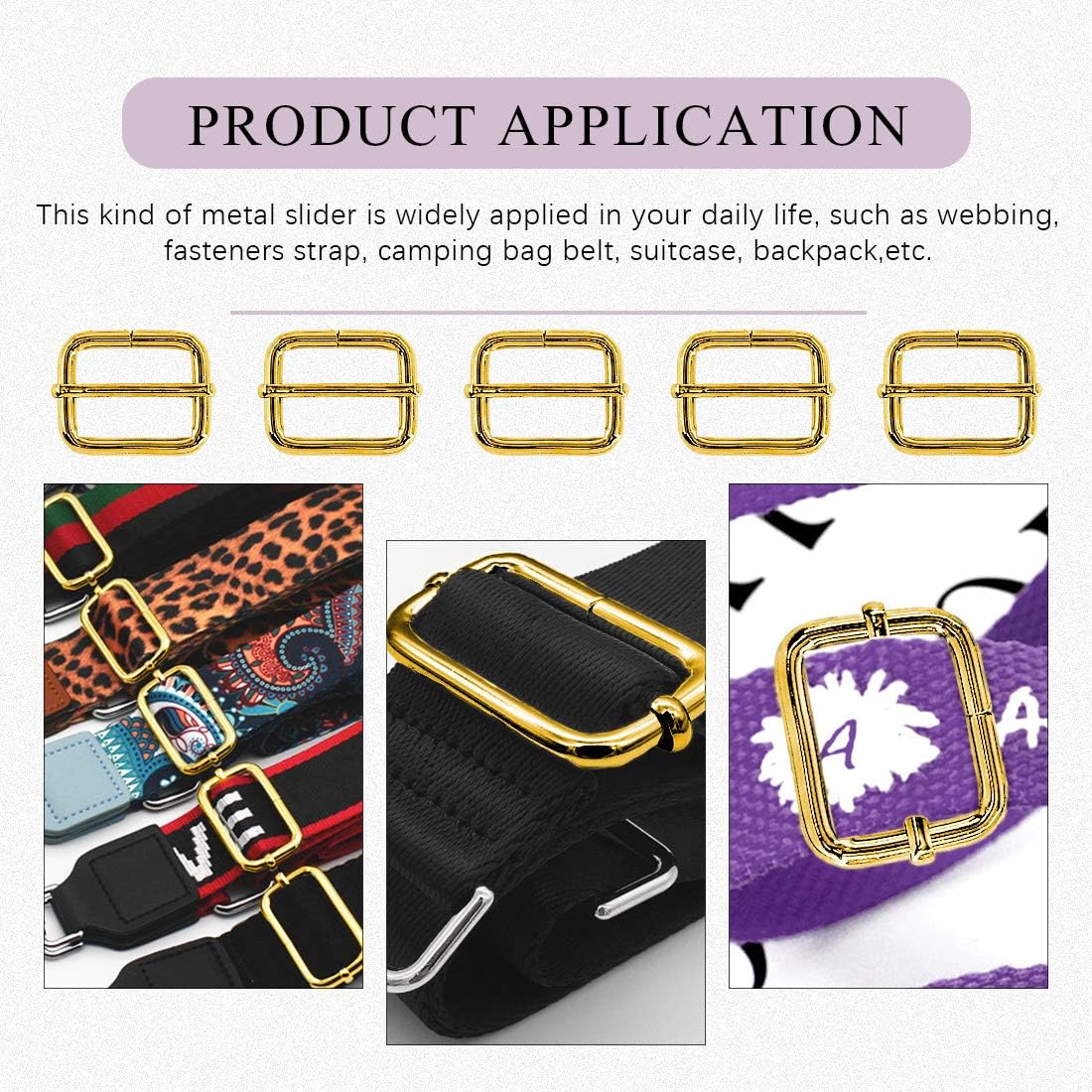 Swpeet 60Pcs 1 Inch / 25mm Gold Heavy Duty Metal Rings Metal Rectangle Adjuster Triglides Slides Buckle, Roller Pin Buckles Slider Strap Adjuster Keychains for Belt Bags DIY Accessories - Image 7