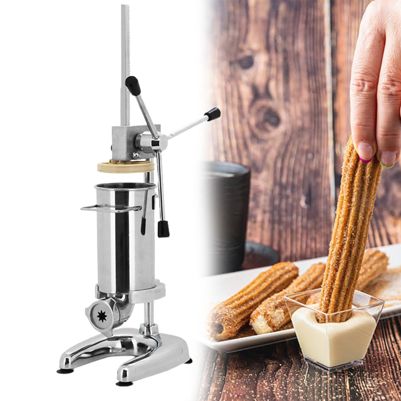 Churrera Manual Comercial, Churrera Española de Acero Inoxidable con 5 Moldes, Máquina para Hacer Rosquillas de Frutas Latinas, Embutidora Manual para Restaurantes y Panaderías.,2L