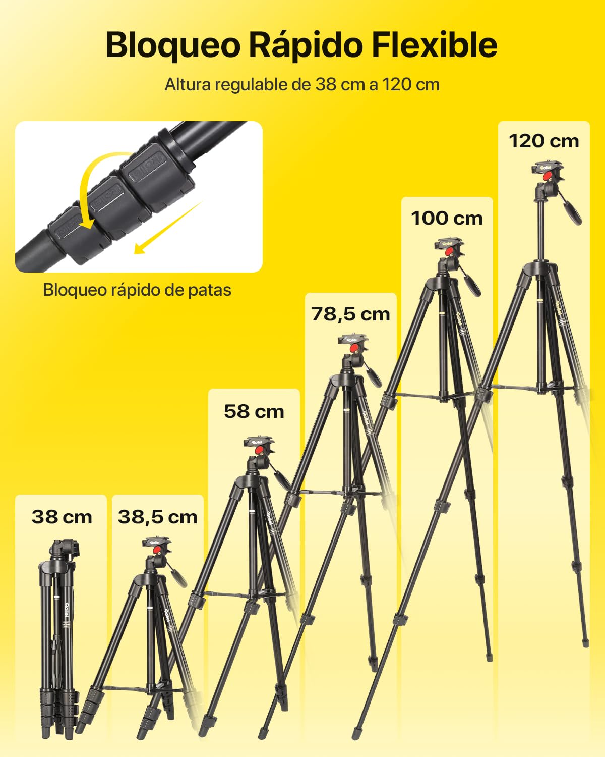 Rollei Compact Traveler Star S1 (Antes Digi 3400) - Trípode Compacto con Cabezal de trípode, Capacidad 2 kg, Altura 125 cm, Aluminio, Color Negro