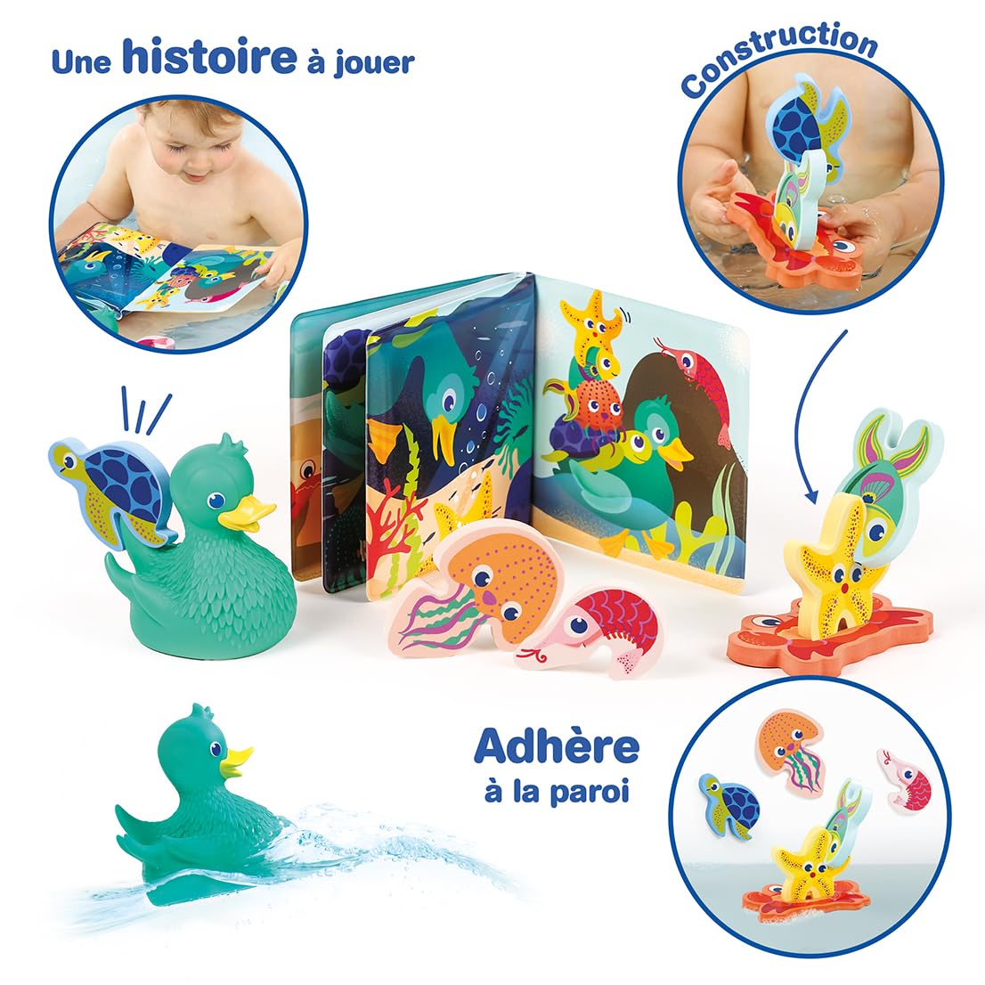 LUDI Lucky Duck & Friends - Cofanetto da bagno 3 in 1 - Anatra aspergore, 6 animali in schiuma e libro da bagno - Sviluppo motorio e immaginazione - a partire dai 10 mesi