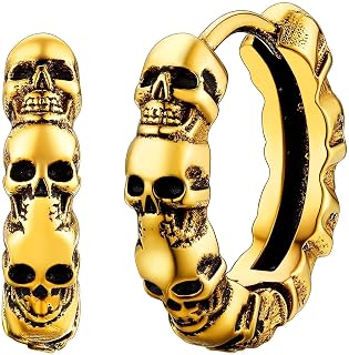 Skull Hoop Earrings for Men Silver/Black/Gold Stainless Steel Huggie Hoop Earrings Lightweight Hypoallergenic Earrings for Sensitive Ears
