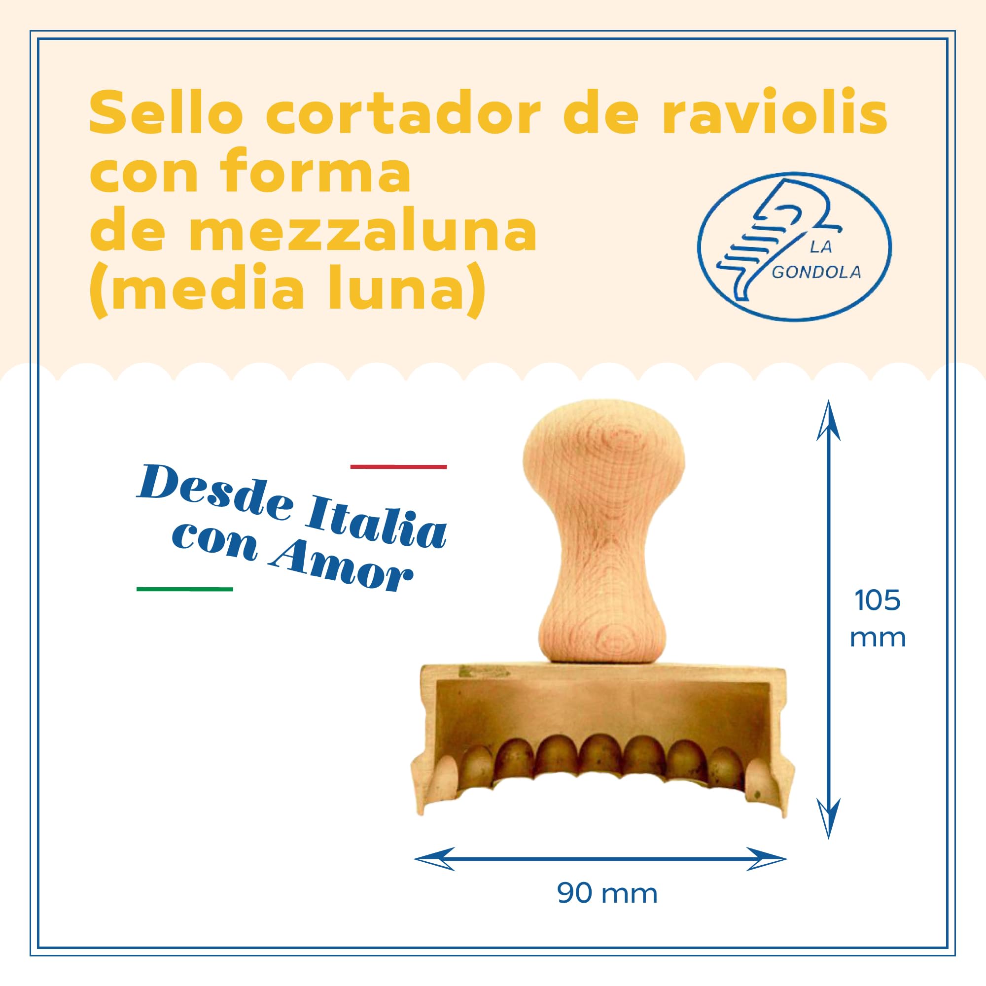 La Gondola Cortador de Raviolis Caseros - Forma Mezzaluna (Medialuna) 90 mm | Cortapastas de Latón y Madera | Cortador de Pasta Robusto y Fácil de Usar | Utensilios para Pasta Fresca Hechos en Italia
