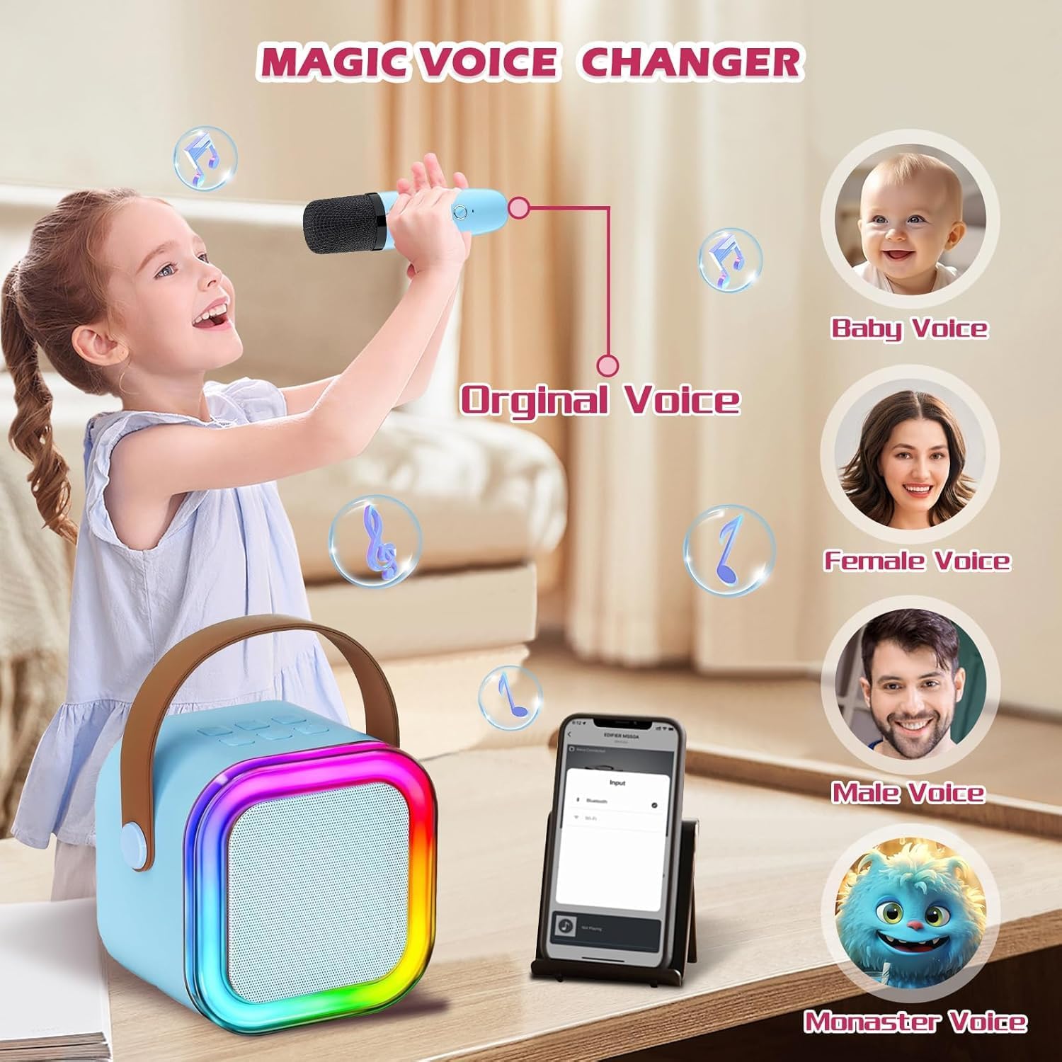 Karaoke Machine for Kids,2025New Mini Portable Karaoke Toys, Karaoke Speaker with 2 Wireless Microphone & Light for Home Party for Adults (Blue-2Mic) - Image 5
