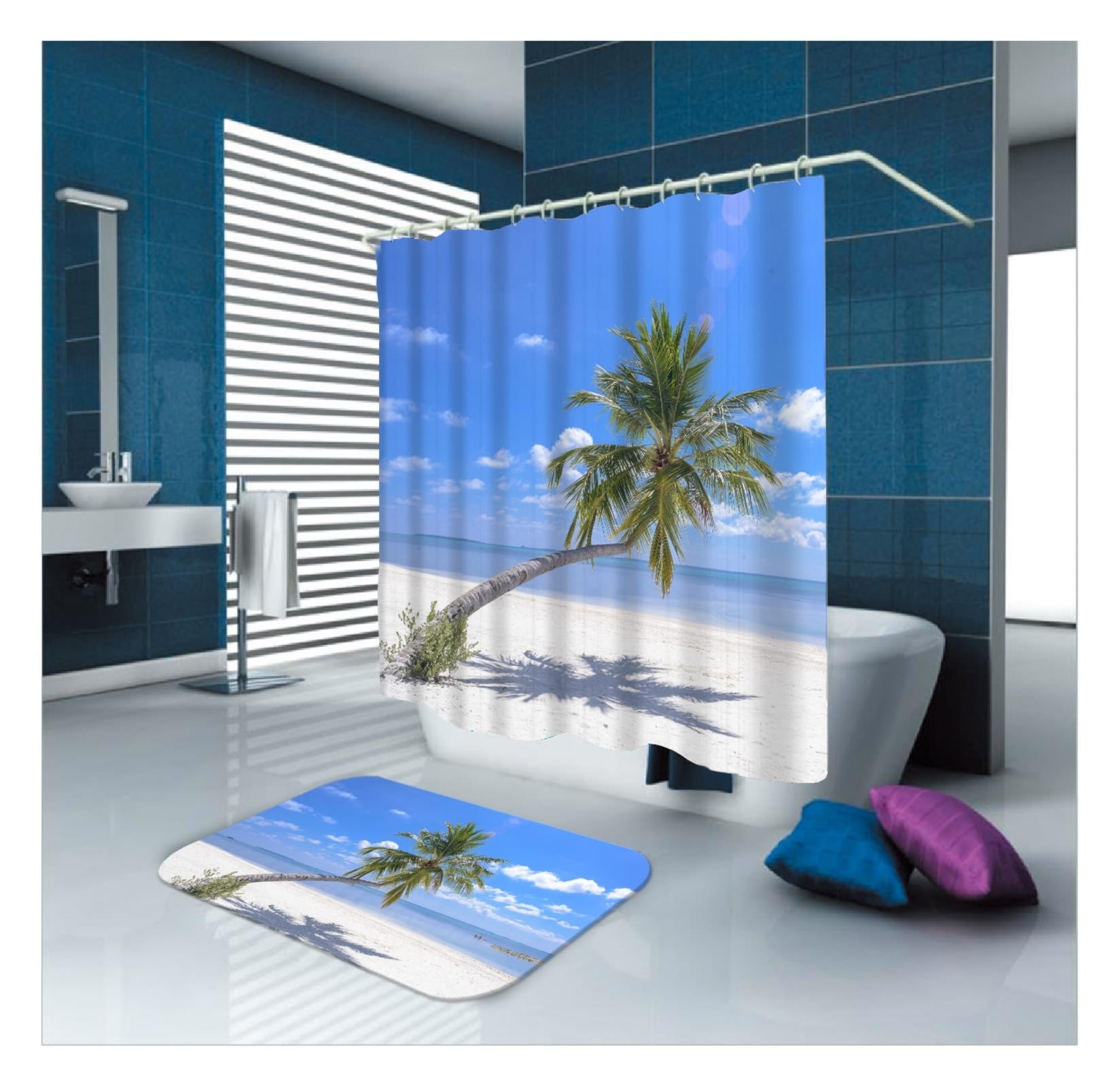 Duschvorhang Blau 165x180 cm, Strand Meer Baum Muster Badvorhang Polyester Waschbar Stoff 1,65 x 1,8m Lang(BxH) mit Duschvorhangringen