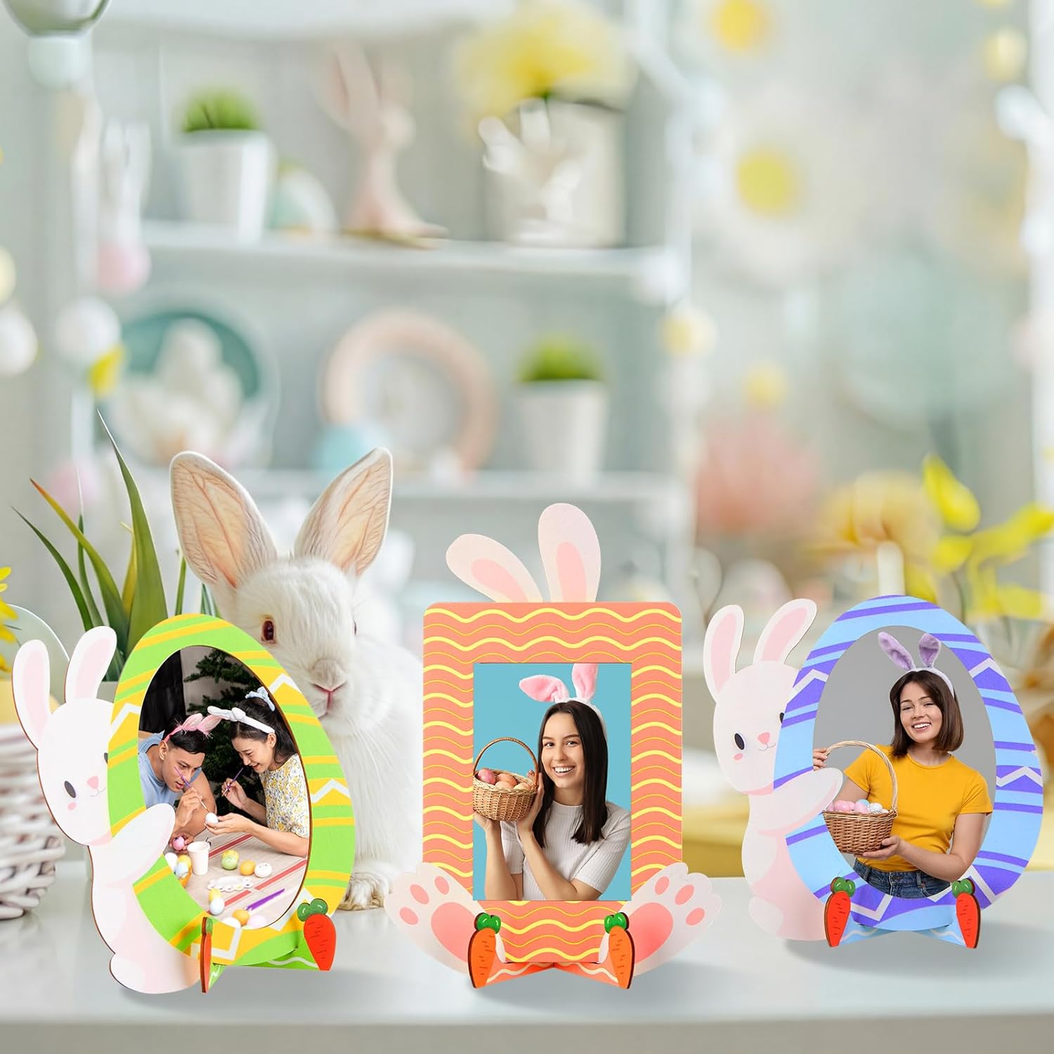 Youyole 8 Pcs 4 x 6 Inch Easter Bunny Picture Frame with Stand Wooden Decorative Tabletop Photo Postcard Display Picture Frame with Stand Spring Gifts Home Office Table Tabletop Easter Decoration