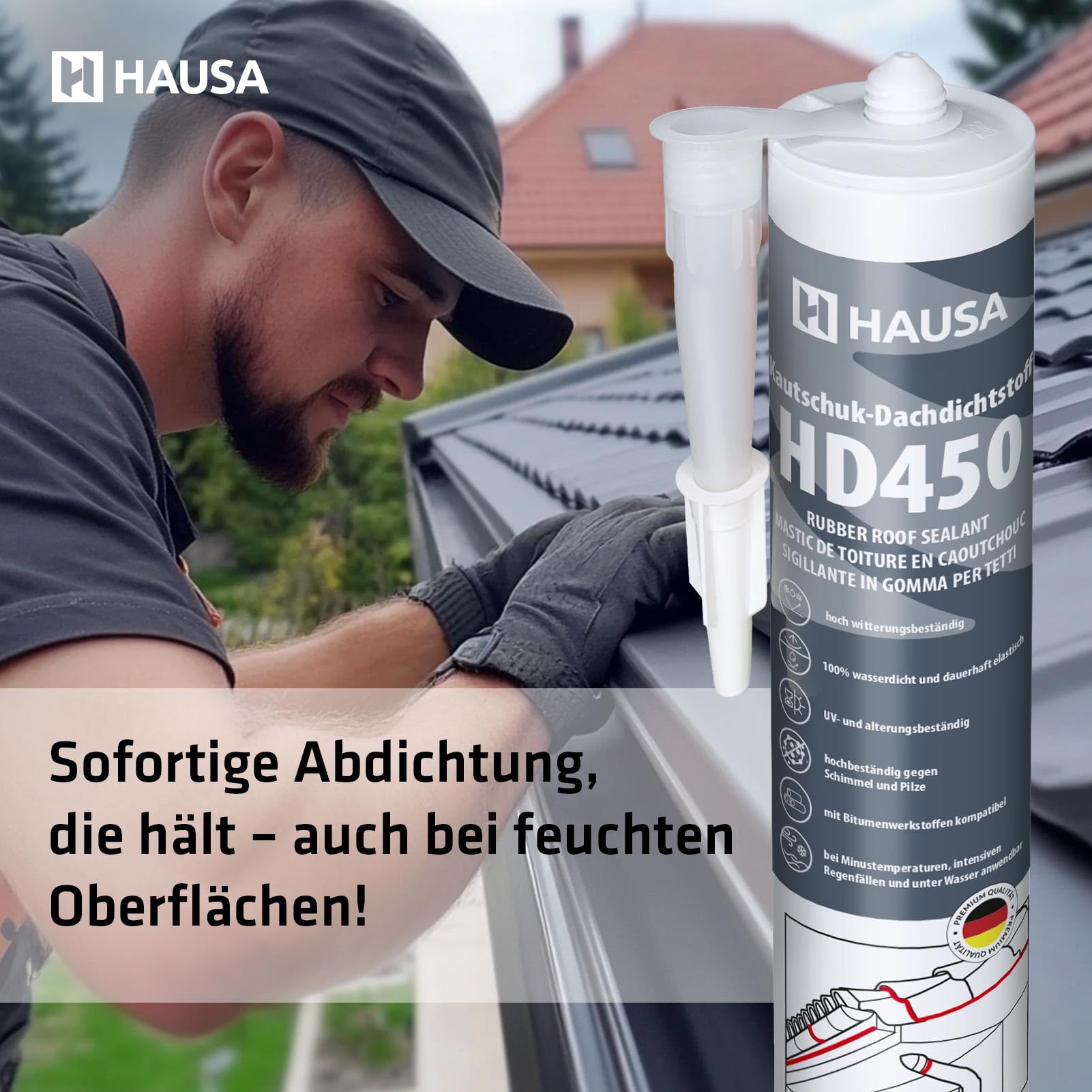 Hausa Kautschuk Dachdichtstoff HD450 Schwarz 6x 300ml dauerelastische Dichmasse & Kleber für Dach Dachrinnen Trapezblech Dachfolien Dachbahnen, wetterfest, kompatibel mit Bitumenwerkstoffen