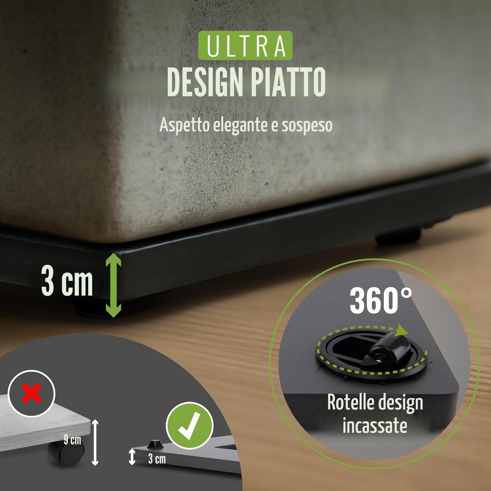 Pflanzwerk® Fioriere Porta vaso *ULTRAPIATTO Designer Sottovasi con rotelle* 80x28cm per tutti le fioriere e vasi da fiori *Design BREVETTATO* *Capacità di carico 120KG* *Made in Germany*