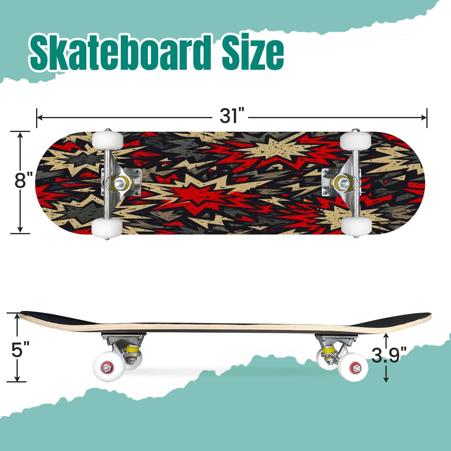 Skateboards Grunge Stars - Monopatín cóncavo clásico sin costuras para adolescentes, regalos para adolescentes, deportes extremos para principiantes y profesionales