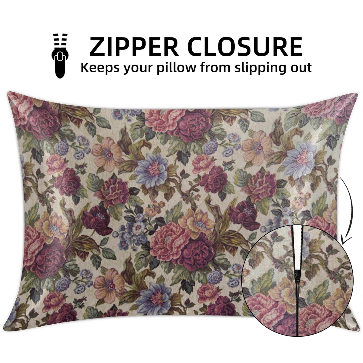 Vintage Floral Luxury Satin Pillowcase for Hair and Skin Set of 2 Pillow Cases King Size 20×40 Inches Soft Smooth with Hidden Zip Closure Gifts for Women Girl