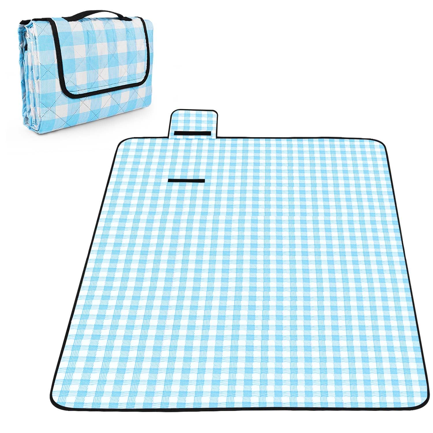 OBTANIM Extra Large Picnic Blanket 60 x 80 Inch Waterproof Foldable Beach Blankets Outdoor Picnic Mat for Camping Grass Lawn Park Music Festival Party Accessories (Blue and White)-image-20