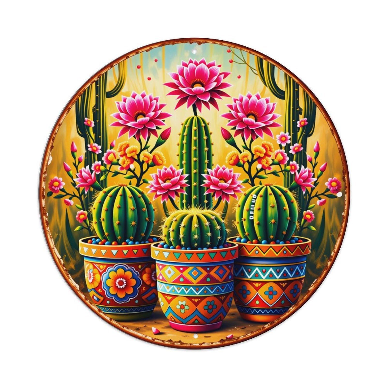 Cactus Flowers Pots Pattern Art Round Tin Sign Vintage Style Metal Sign Home Bar Garden Wall Plaque Decor Metal Poster 8x8 Inch