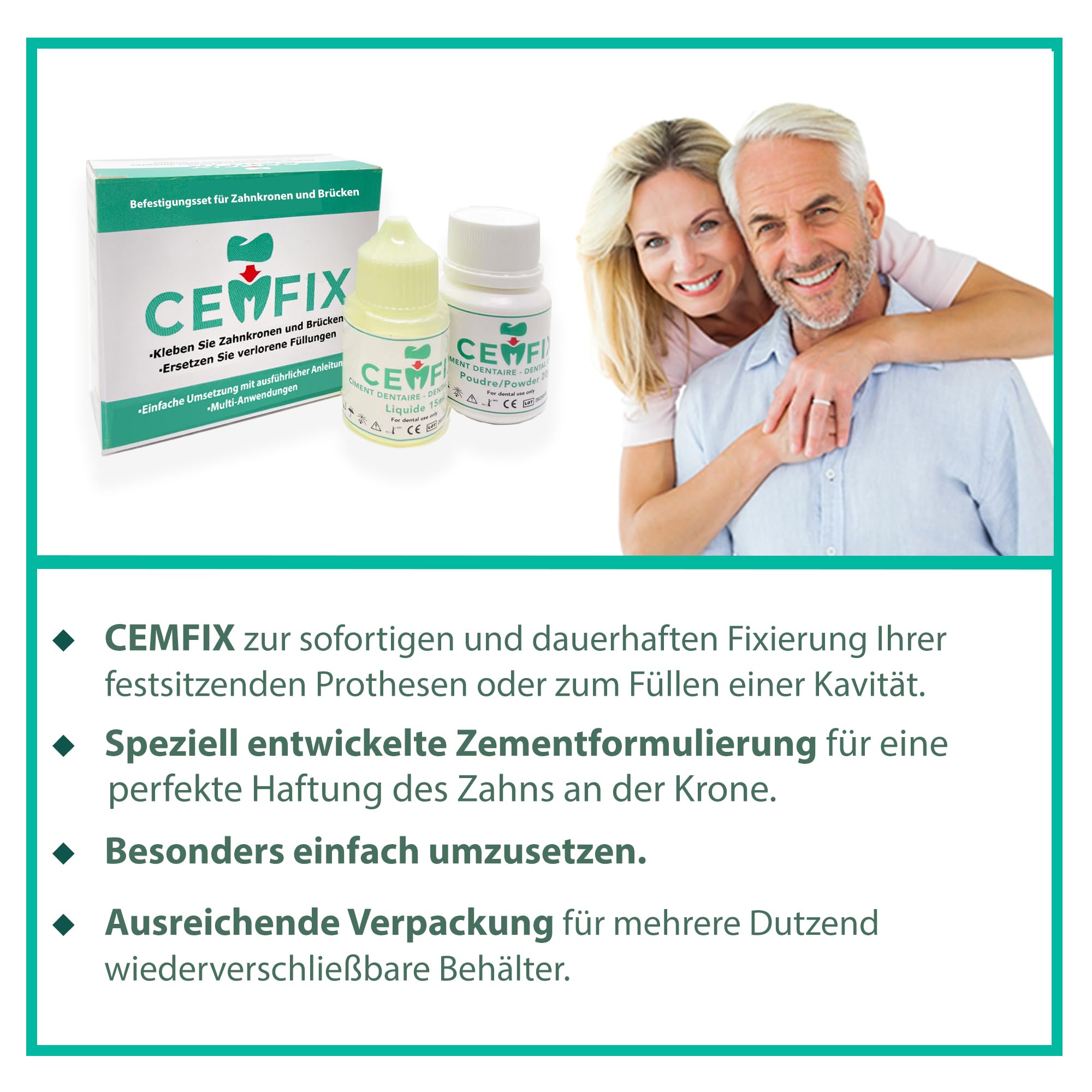 zum Refixieren von Zahnkronen und Brücken. Die ideale Lösung für Kronen, Brücken, Zahnkaries und verlorene Füllungen.